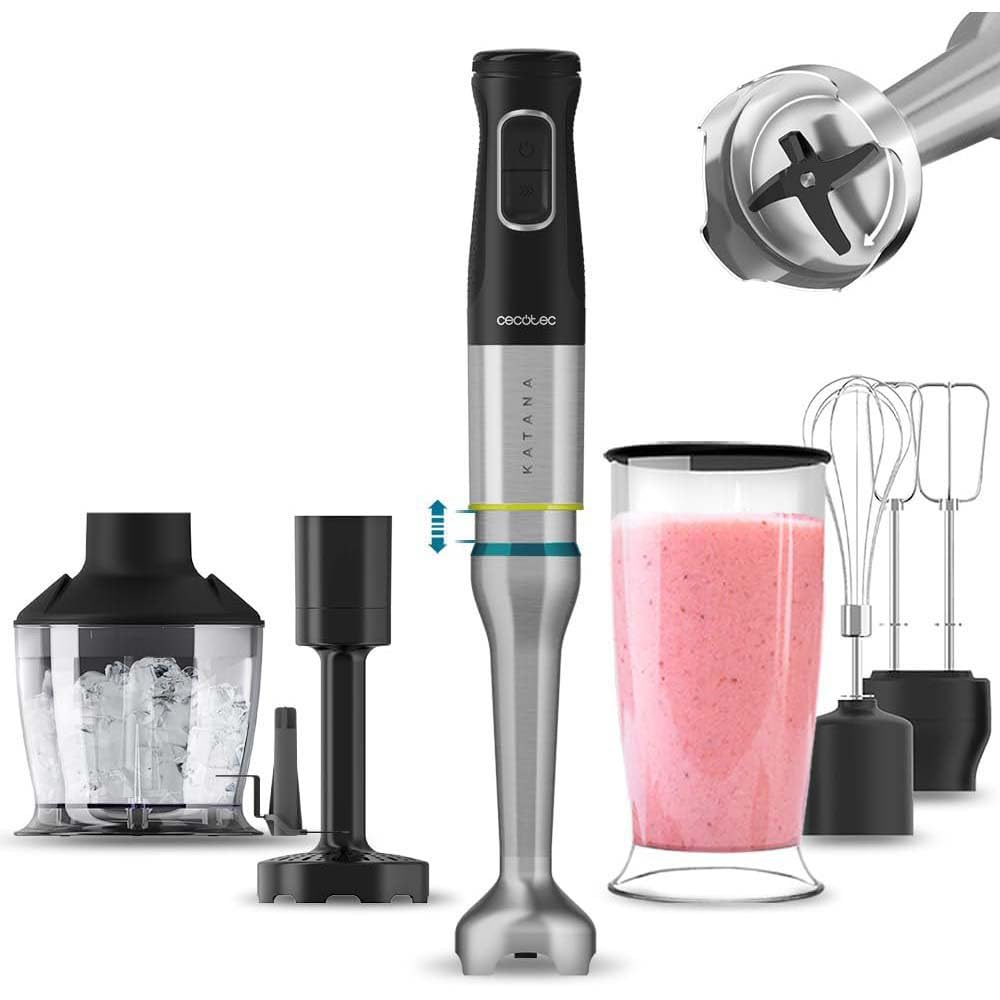 Cecotec Katana TotalDestroy 1500XL 1500W Hand Blender with Titanium Blades - 21 Speeds & Turbo Function - Anti-Splash Cover & Extra-Long Foot - Perfect for Smoothies, Soups, Baby Food & Baking - Includes Accessory Kit
