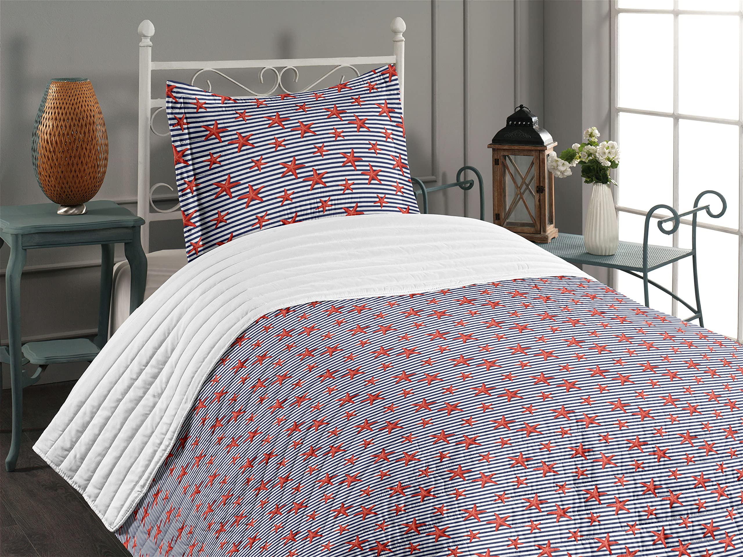 Ambesonne Starfish Microfiber Bedspread Set - Navy White Red Maritime Theme with Classic Stripes & Sea Stars | Soft Twin Size Bedding with Pillow Sham & Comforter | Perfect for Beach House, Coastal Decor & Nautical Bedroom