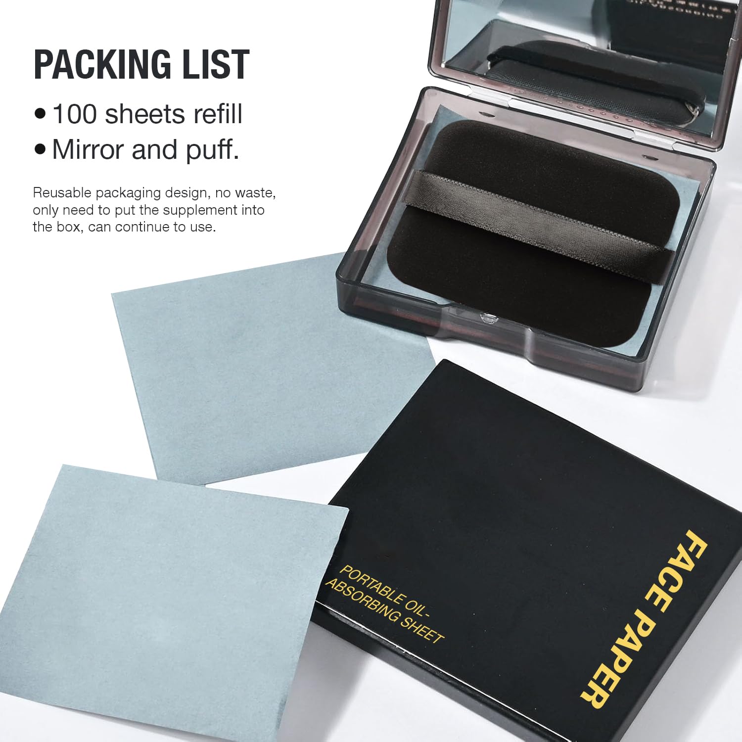 Lyrovo 100Pcs Oil Absorbing Blotting Papers for Oily Skin - Natural Linen Face Blotting Sheets with Built-in Mirror & Powder Puff - Matte Finish for Men & Women | Perfect for Gym, Travel & Everyday Oil Control