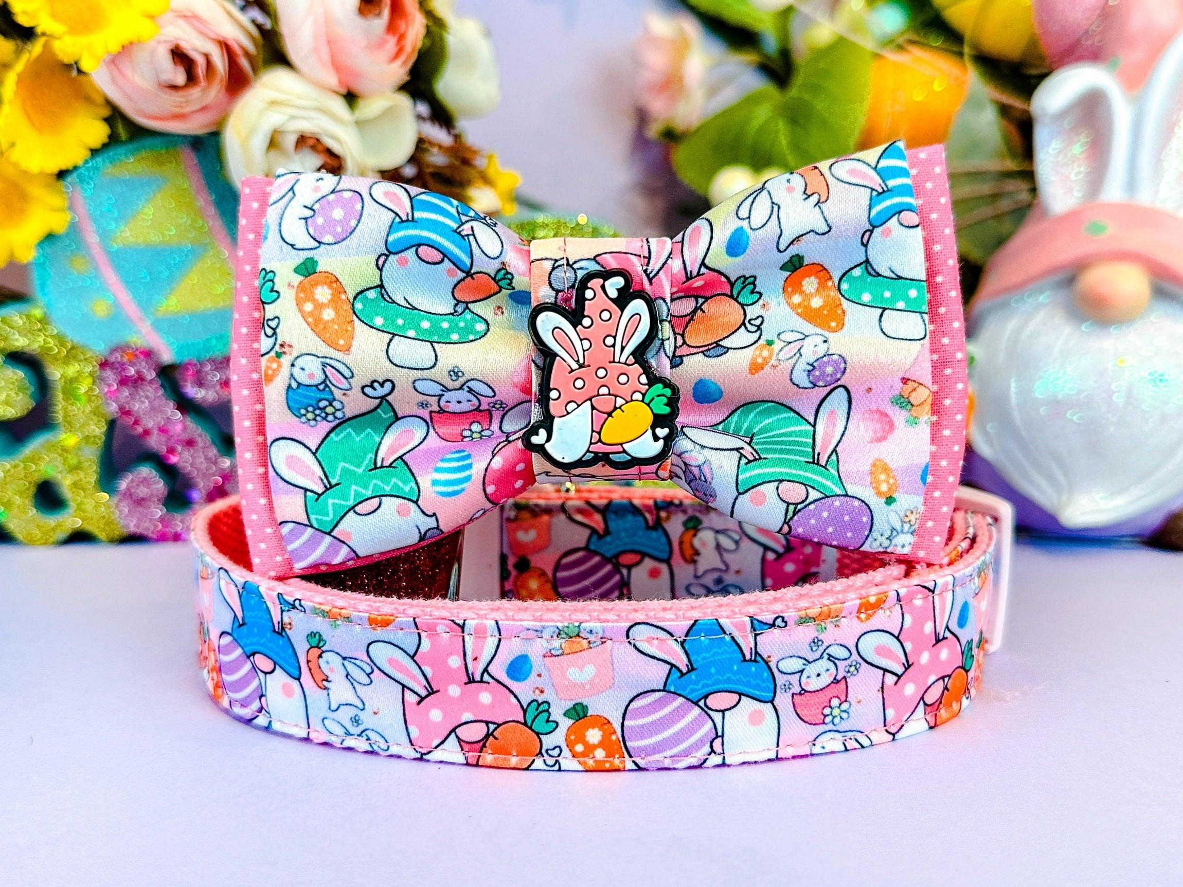 Easter Dog Collar with Bow Tie - Happy Gnomes Design for Small & Medium Dogs - Perfect for Easter Photos, Pet Parties & Holiday Celebrations