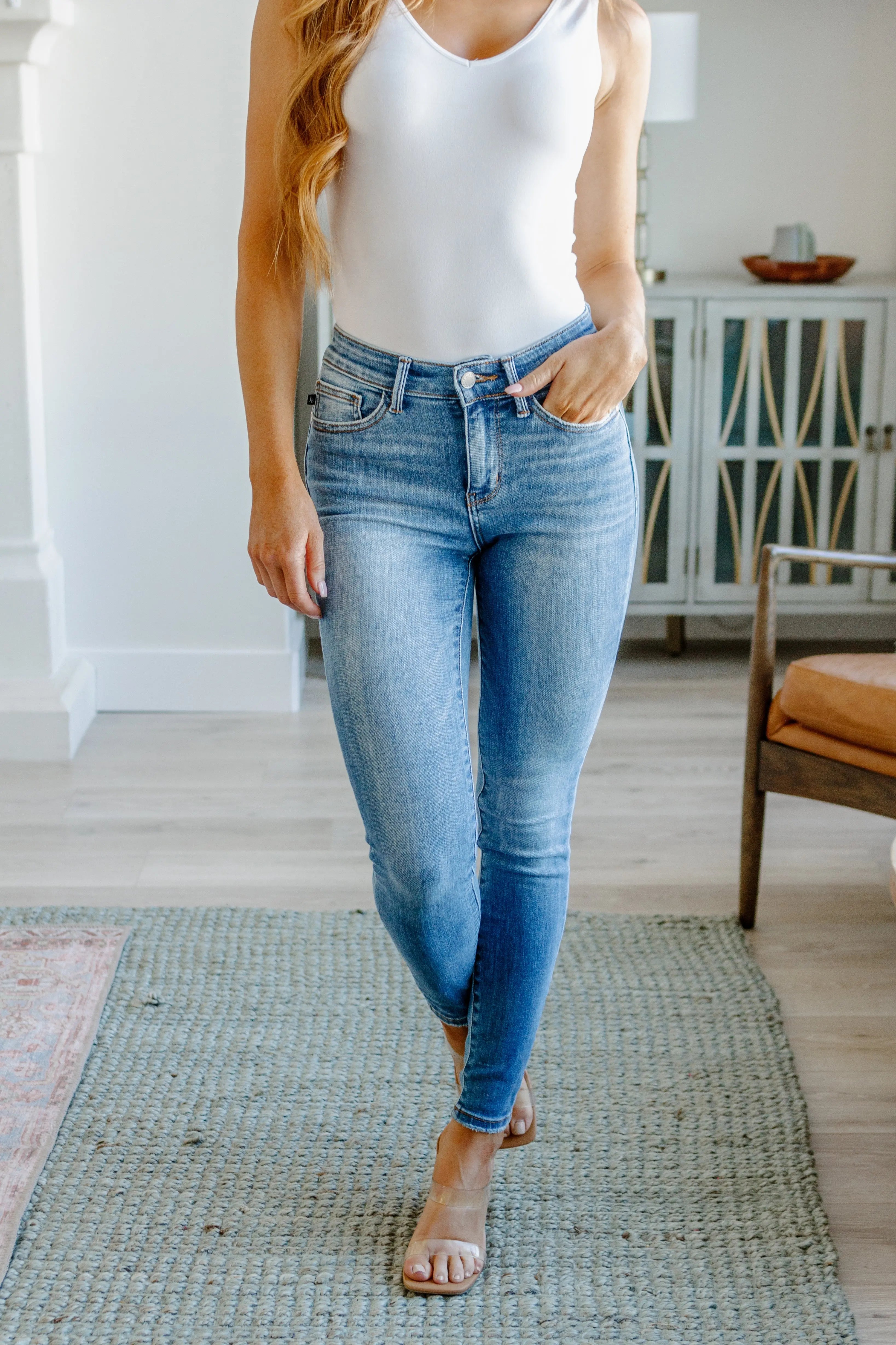 Catherine Mid Rise Vintage Skinny Jeans for Women - Retro High Waisted Stretch Denim Pants - Perfect for Casual Outfits, Date Nights & Fall Fashion