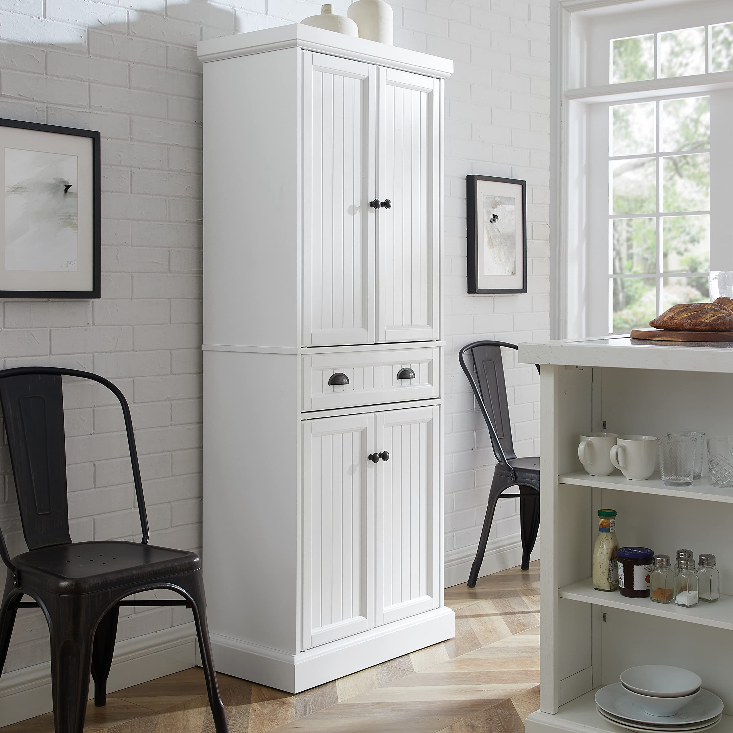Crosley Shoreline Coastal Pantry Storage Cabinet with Adjustable Shelves - White Kitchen, Dining & Laundry Room Organizer for Home Storage Solutions