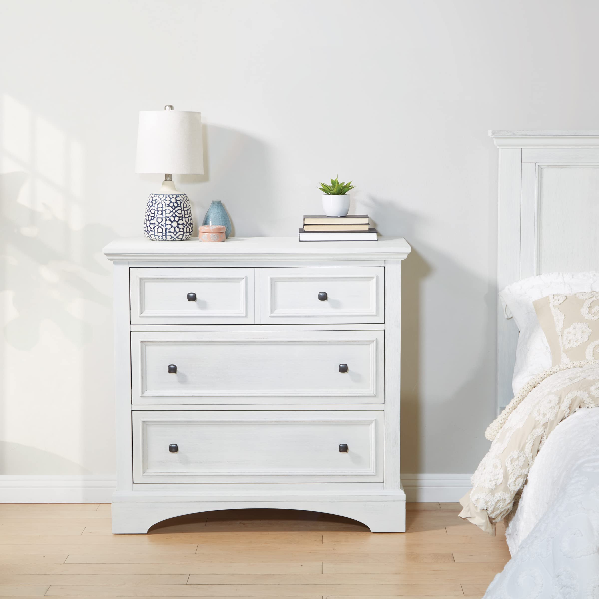 OSP Home Furnishings 4-Piece Farmhouse Bedroom Set - Queen Bed, 2 Nightstands & 3-Drawer Chest in Rustic White | Perfect for Cozy Country-Style Bedrooms & Guest Rooms