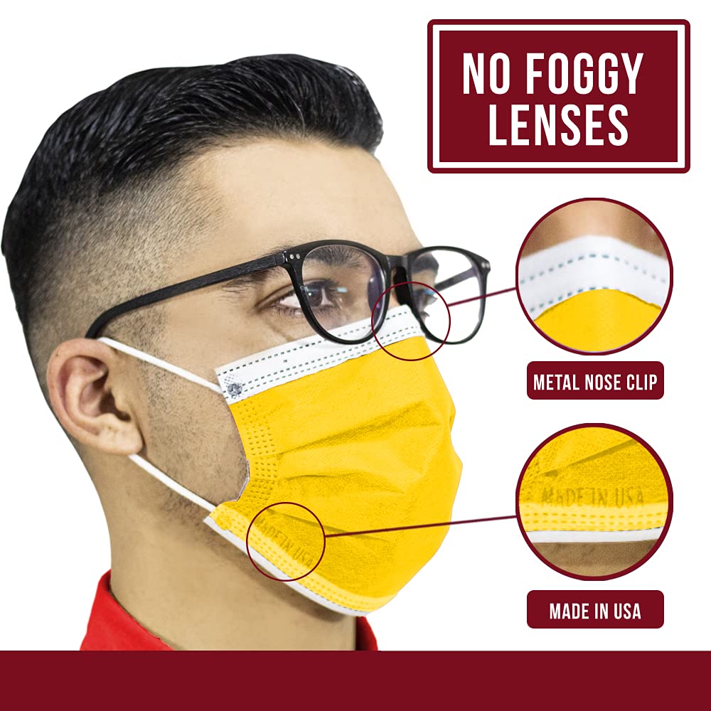 4-Ply Breathable Disposable Face Masks - Made in USA - Comfortable Elastic Ear Loops - Multiple Colors (500 Pack, Canary Yellow) - Ideal for Daily Use, Work, Travel & Public Safety