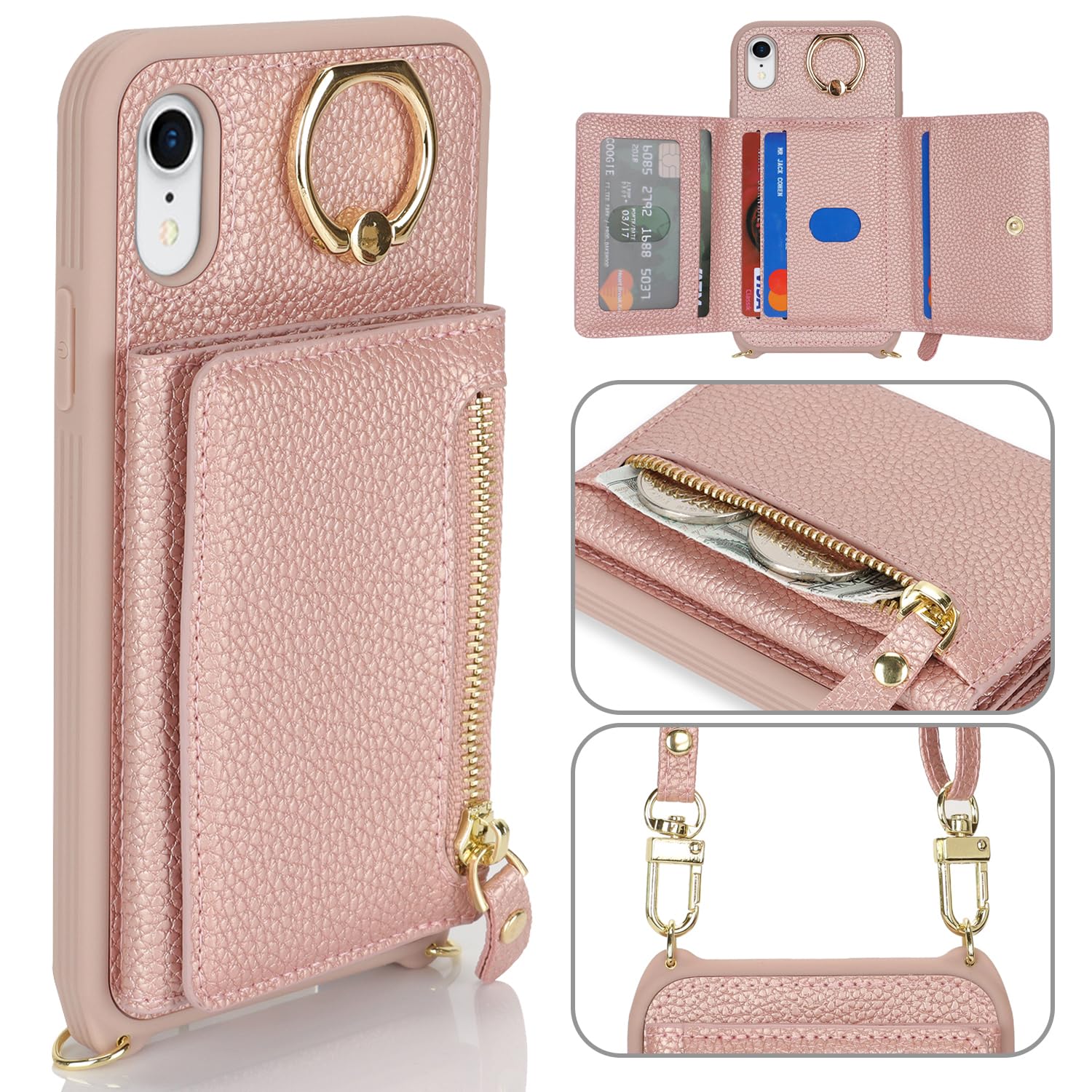 Premium Leather iPhone XR Case with Card Holder & Crossbody Strap - Wallet Phone Case for Women with Zipper Pocket & Stand Ring (Rose Gold) - Perfect for Travel, Shopping & Everyday Use