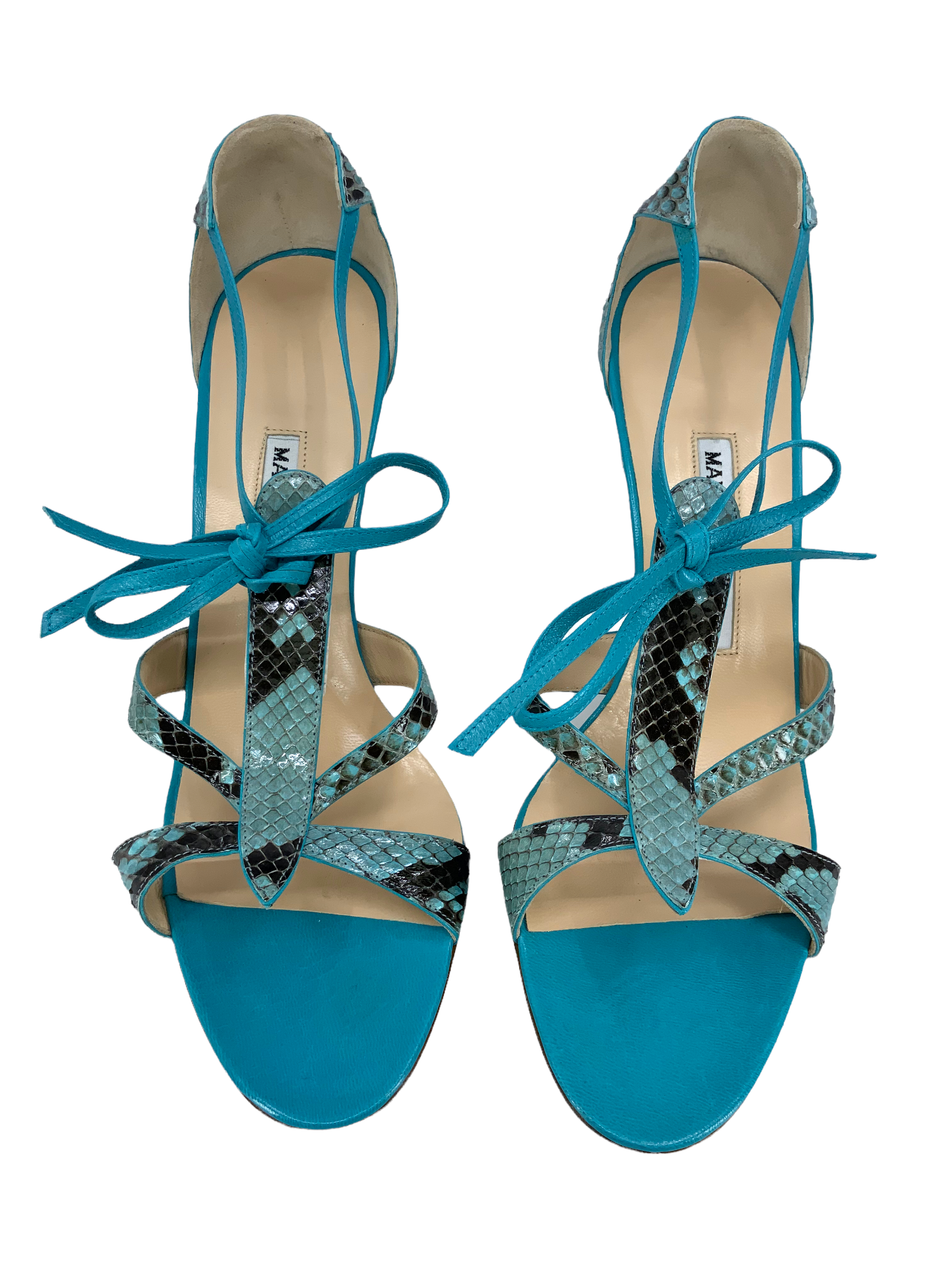 Manolo Blahnik Women's Size 10.5 Snakeskin Strappy Heel Sandals - Luxury Designer High Heels for Parties, Weddings & Special Occasions