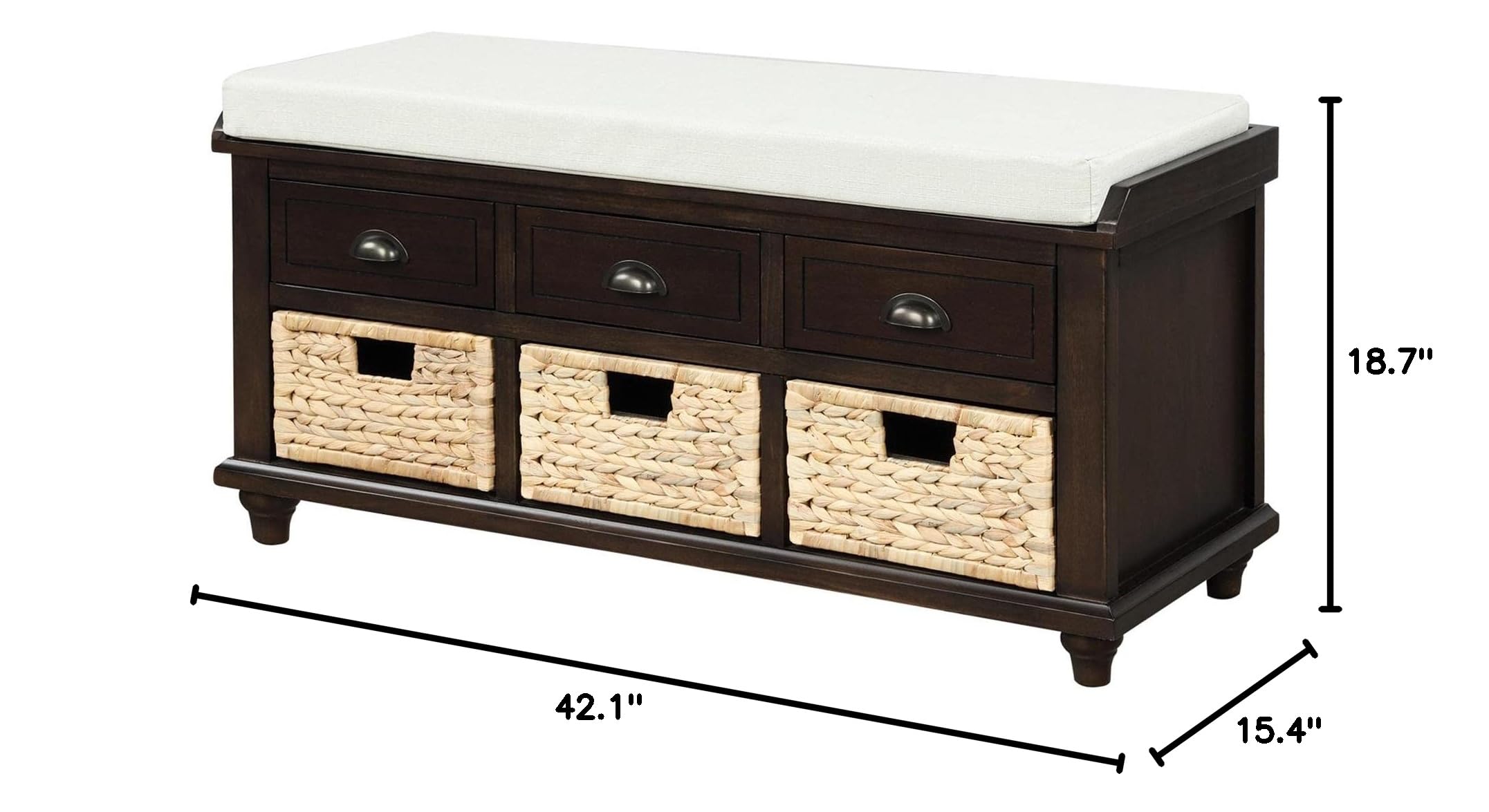 JINS&VICO Rustic Storage Bench with Rattan Baskets & Cushion - Multi-Functional Entryway Shoe Bench, Footrest Ottoman, and Living Room Storage (Espresso Finish) - Perfect for Hallway Organization, Bedroom Decor, and Small Space Furniture