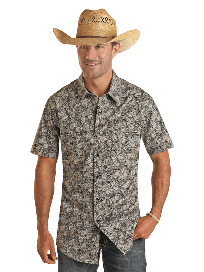 Rock & Roll Denim BMN3S03348 Men's Paisley Print Short Sleeve Snap Button Shirt Black - Casual Wear & Music Festival Outfit