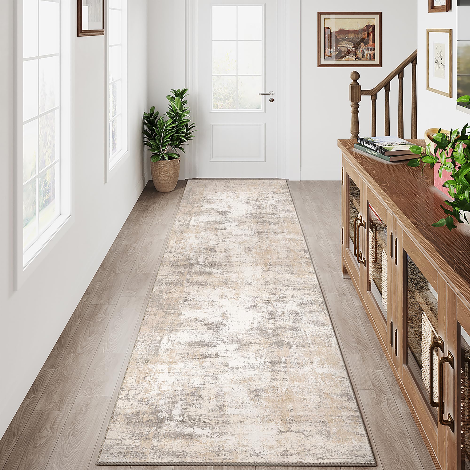 2x8 Washable Runner Rug - Beige Grey Neutral Abstract Non-Slip Low Pile Indoor Carpet for Hallway, Kitchen, Living Room, Bedroom | Soft & Durable for Entrance, Laundry, Bathroom & High Traffic Areas