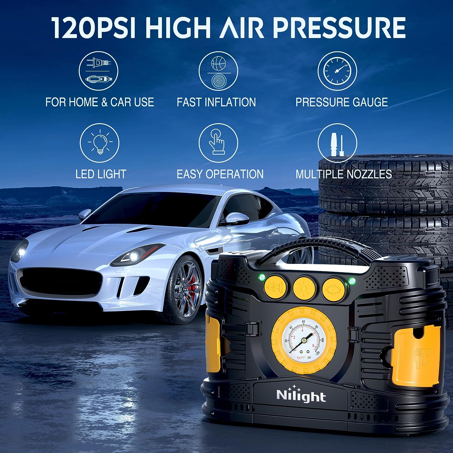 Portable Tire Inflator Air Compressor - AC/DC Dual Power with Digital Pressure Gauge - Perfect for Cars, Bikes, Motorcycles & Home Use