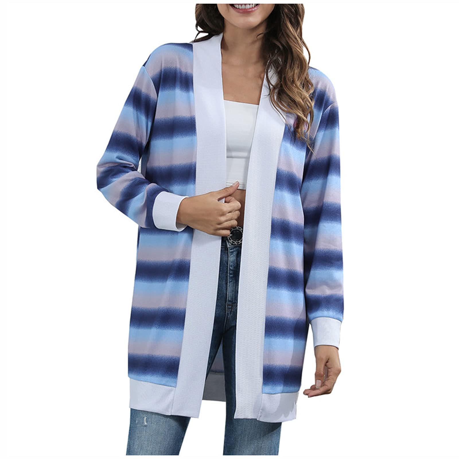 Women's Casual Long Sleeve Striped Open Stitch Cardigan - Cozy Knit Sweater for Fall & Winter | Perfect for Office, Date Night & Layered Outfits