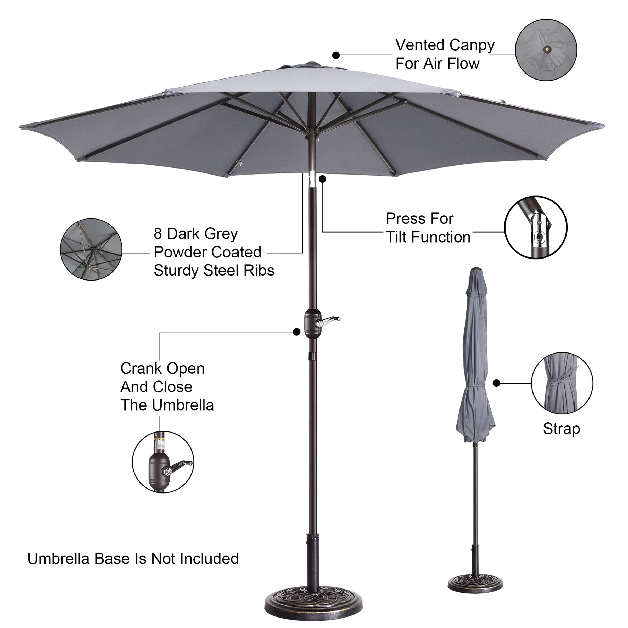 Pure Garden 492046OZV Outdoor Patio Umbrella in Gray - Perfect for Poolside, Backyard, and Garden Shade