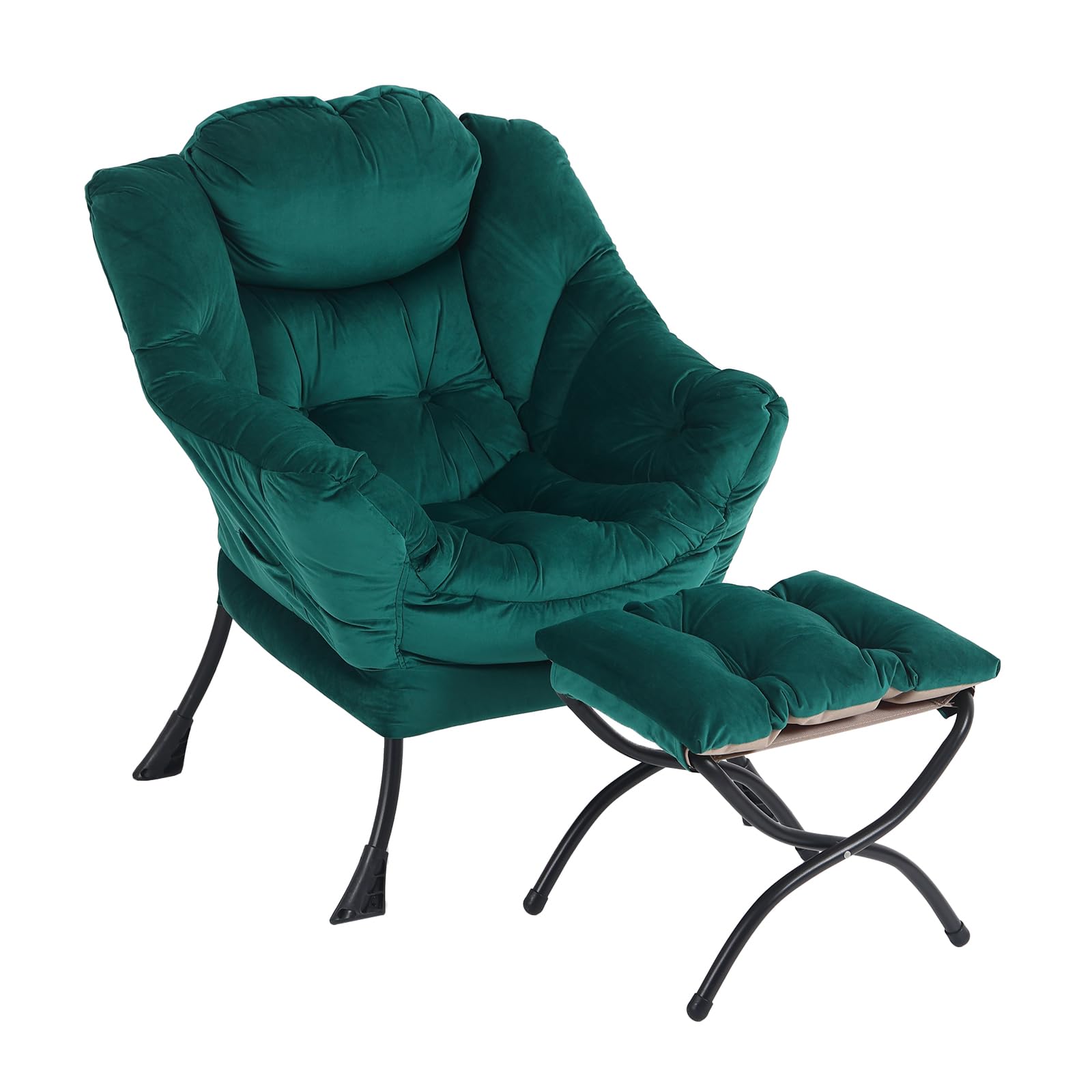 Oversized Lounge Chair with Ottoman - Modern Accent Chair with Folding Footrest, Velvet Dark Green Comfortable Reading Chair for Bedroom, Study, Living Room & Courtyard - Perfect for Relaxing, Reading & Home Decor