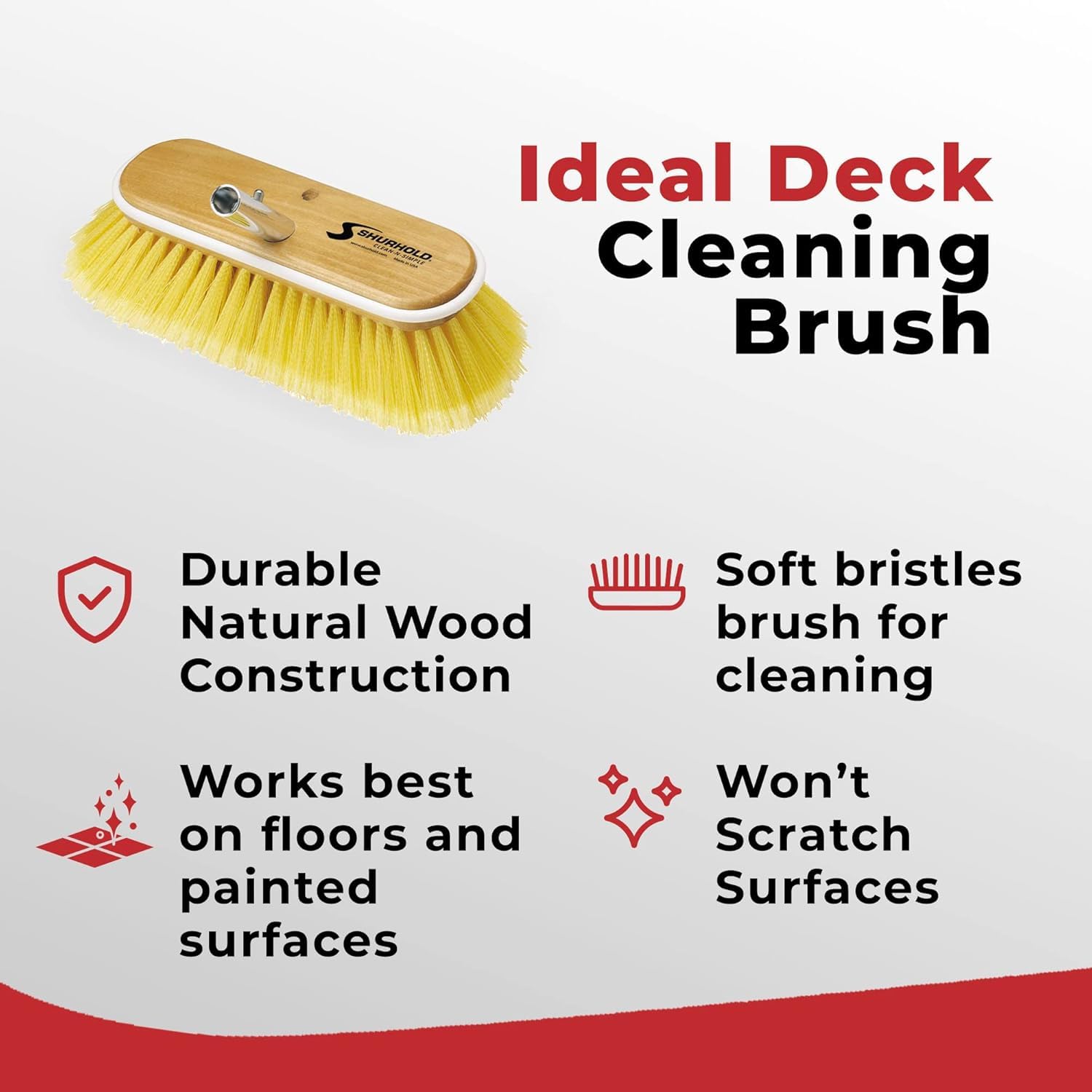 Shurhold 980 10 Inch Soft Bristle Deck Brush with Yellow Polystyrene Bristles - Boat, RV & Marine Cleaning Brush for Non-Slip Surfaces