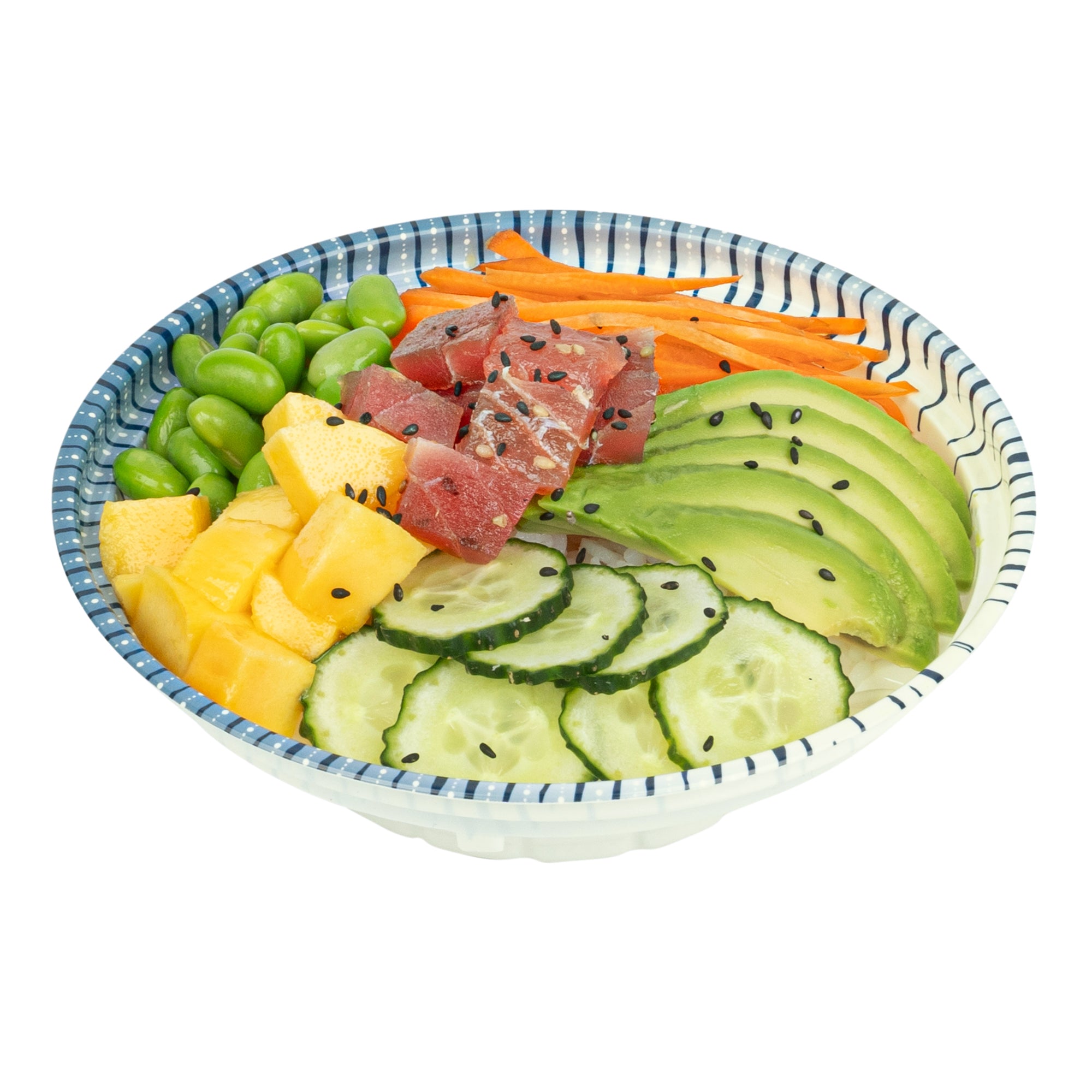Bento Tek 10 oz Round White and Blue Plastic Asian Style Bowl - 6.5