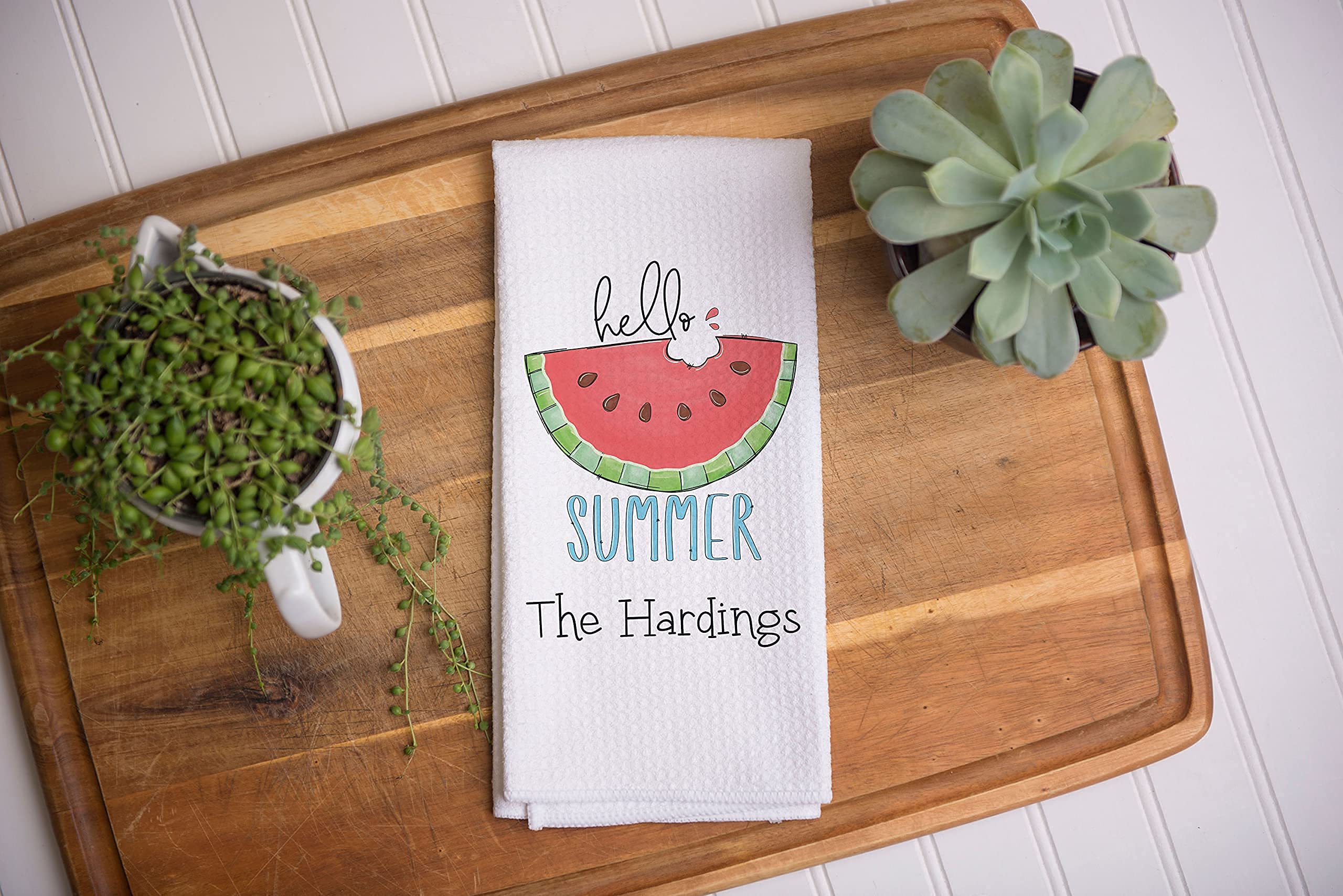 Custom Hello Summer Kitchen Towel - Watermelon Themed Dish Towel for Summer Decor | Personalized Kitchen Accessory & Housewarming Gift | Perfect for Summer Parties, BBQ, and Friend Gifts