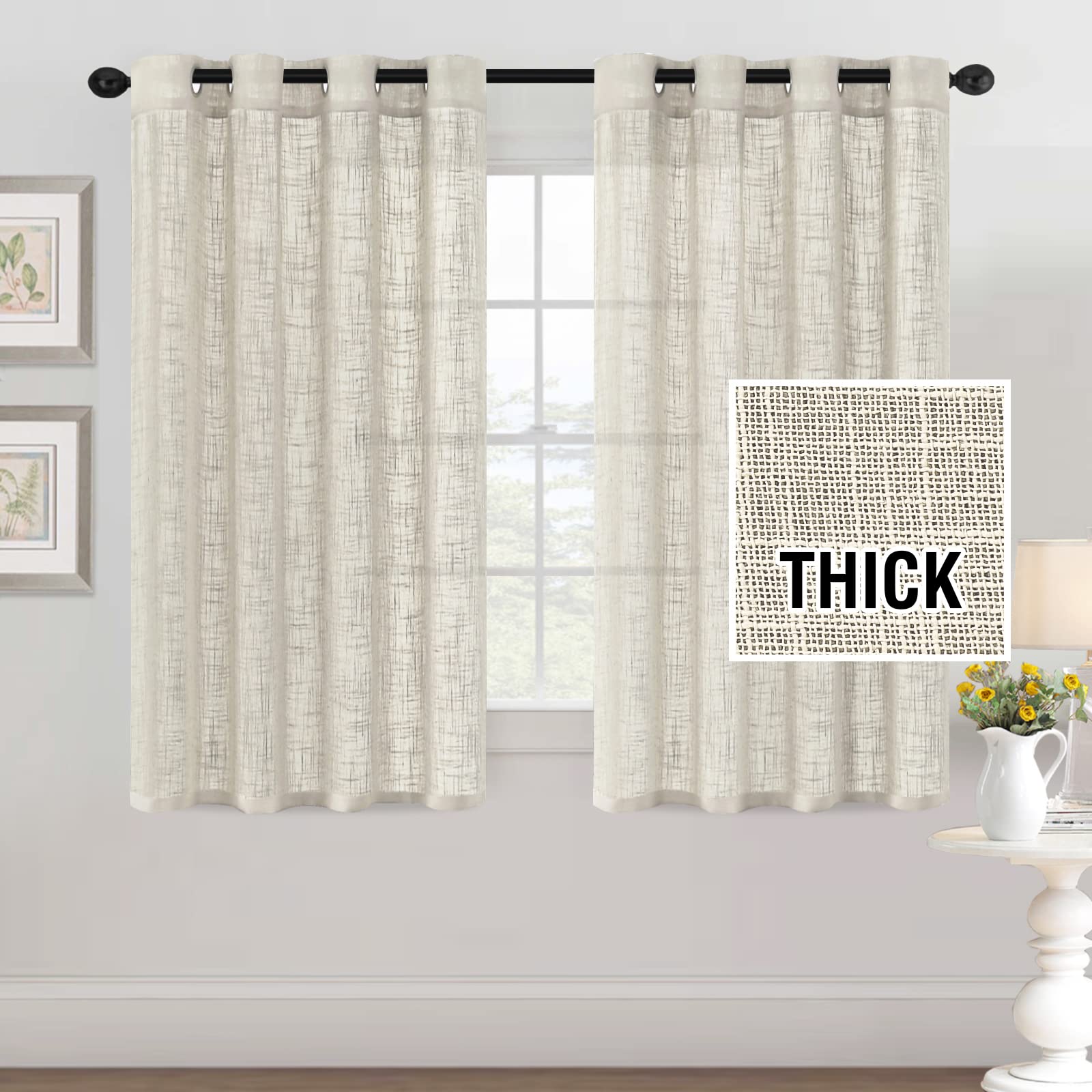 Premium Natural Linen Blended Curtains for Living Room & Bedroom - Light Filtering Textured Burlap Linen Drapes with Nickel Grommets (2 Panels, 52