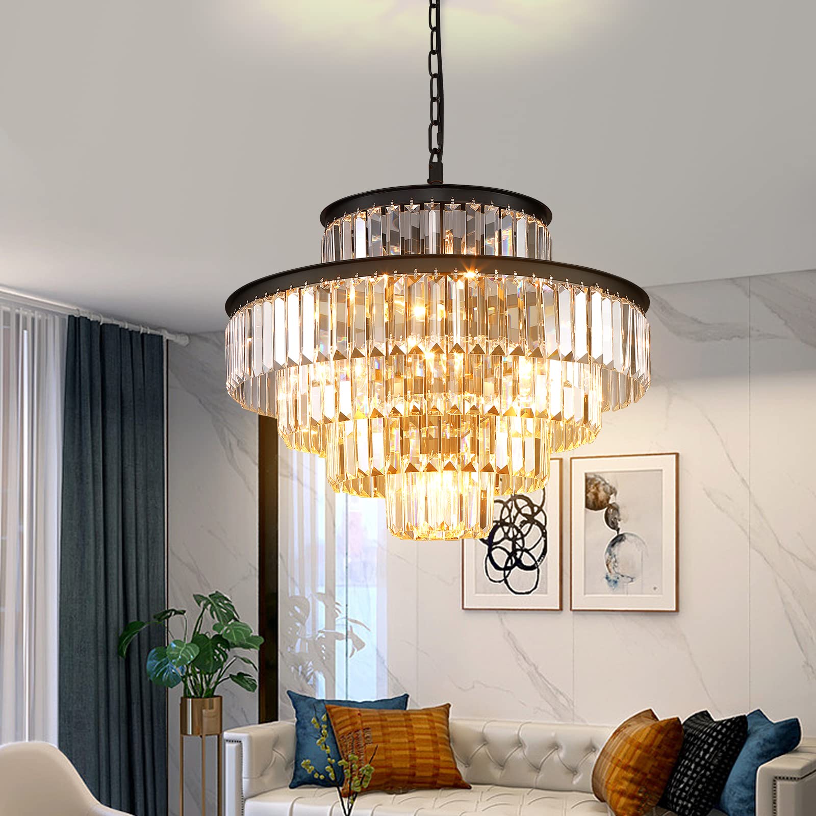Modern Black Crystal Chandelier - 5-Tier Round Hanging Pendant Light Fixture (24 Inch) for Dining Room & Living Room | Elegant Ceiling Lighting for Home Decor, Weddings & Special Events