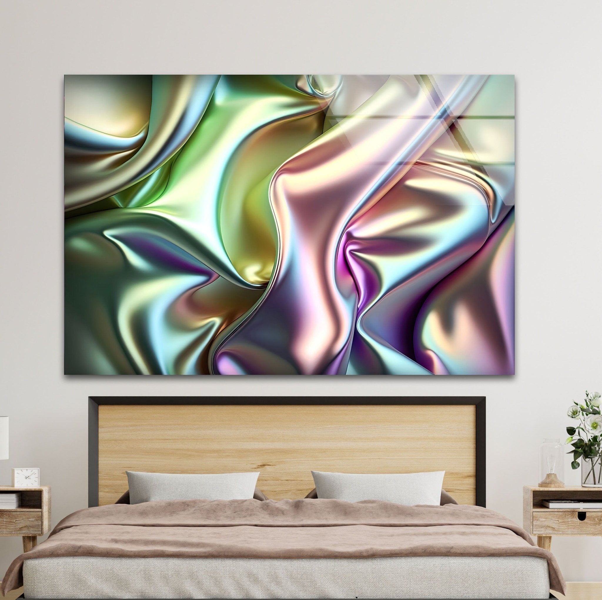 Abstract Iridescent Glass Wall Art - Modern Handmade Home Decor for Living Room, Bedroom & Office - Unique Shimmering Light Reflection Decorative Piece