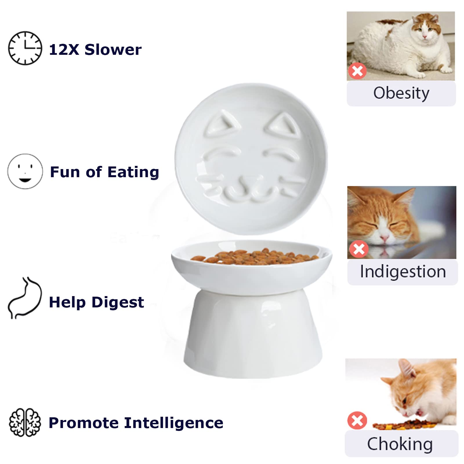 Kopmath Ceramic Raised Slow Feeder Cat Bowl - Elevated Puzzle Food Plate for Healthy Eating of Wet & Dry Cat Food - Anti-Vomiting & Indigestion Prevention - Non-Slip Base & Dishwasher Safe (White) - Perfect for Fast Eaters & Digestive Health