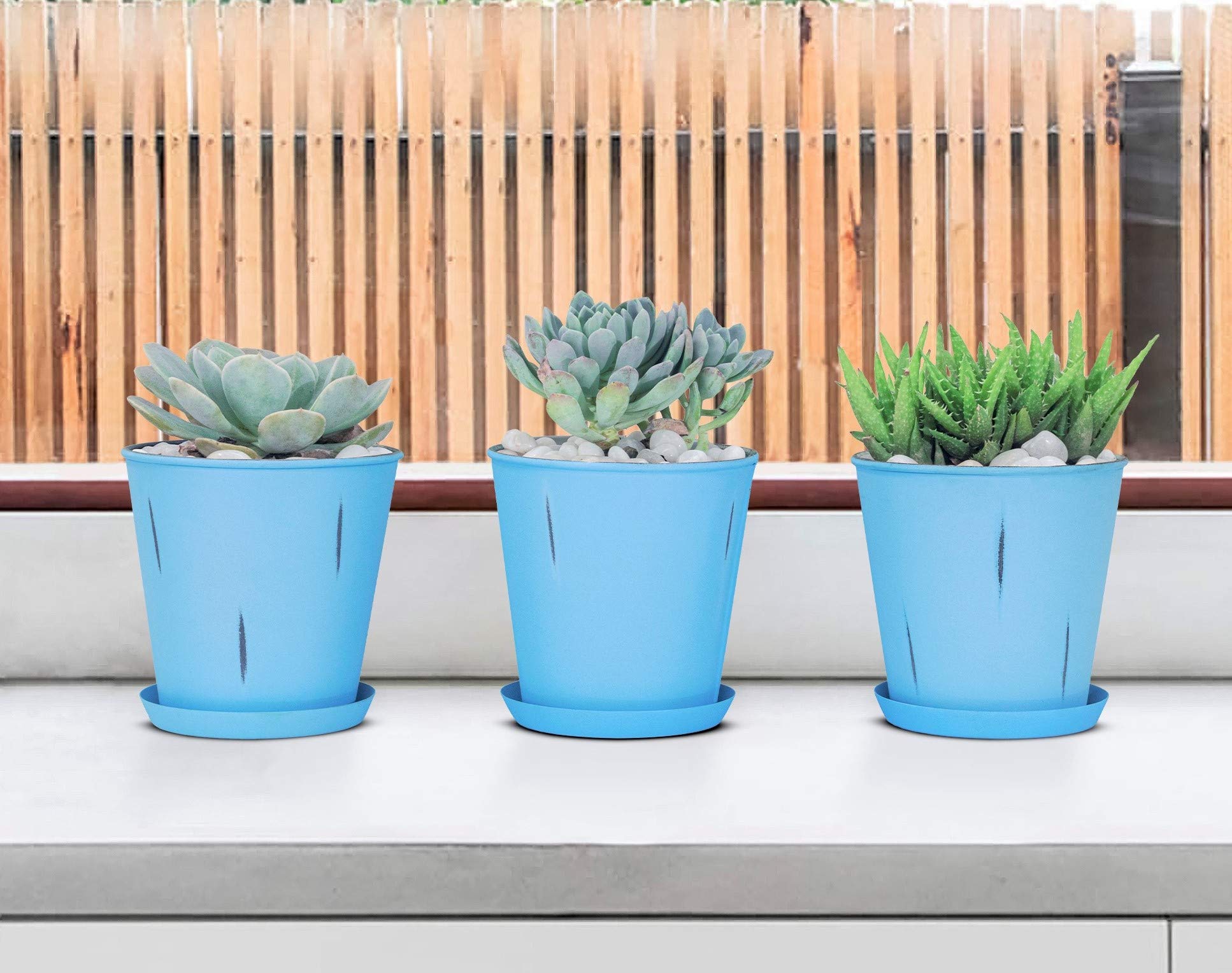 Monarch Abode 20810 Blue Stonewash Indoor Plant Pots (Set of 3) - Succulent & Flower Planters with Drainage Holes - Perfect for Home Decor, Office Desk, and Windowsill Gardens