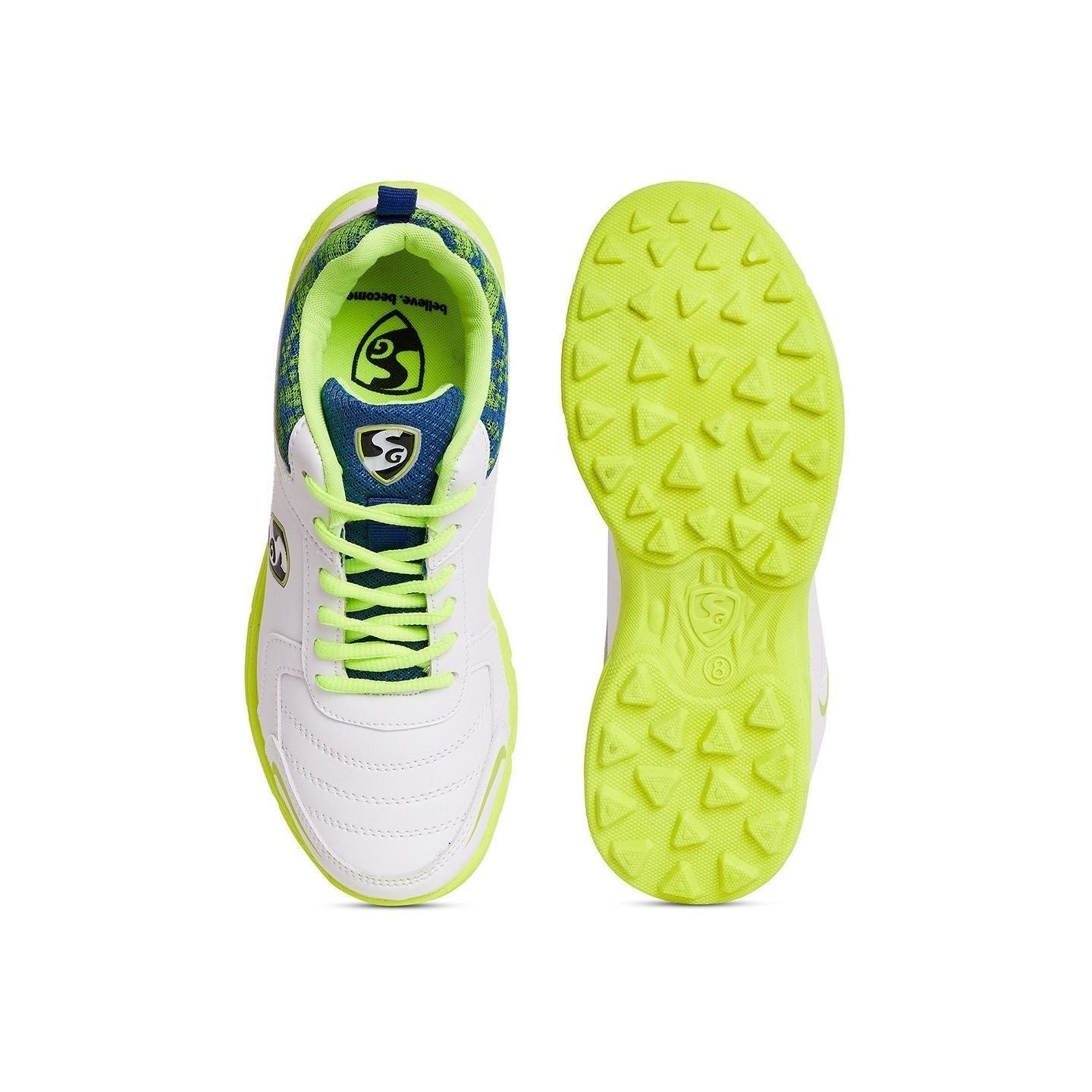 SG Savage Stud Cricket Shoes for Men - White/Royal Blue/Lime - Lightweight & Durable Cricket Footwear for Professional Matches & Training