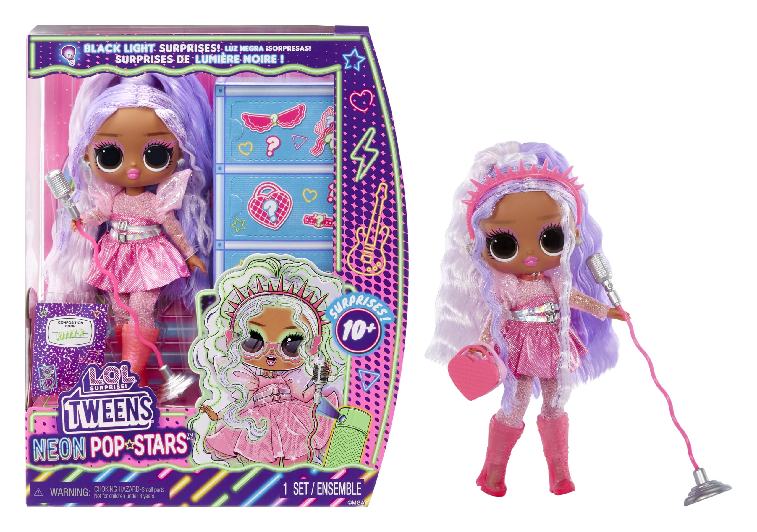 L.O.L. Surprise! Tweens Neon Pop Stars - Kitty K Fashion Doll with Glow-in-the-Dark Surprises, 10+ Pop Star Outfits & Accessories, Includes Retro Microphone Stand - Perfect Gift for Kids Age 4+ | Dress Up, Role Play & Collectible Fun