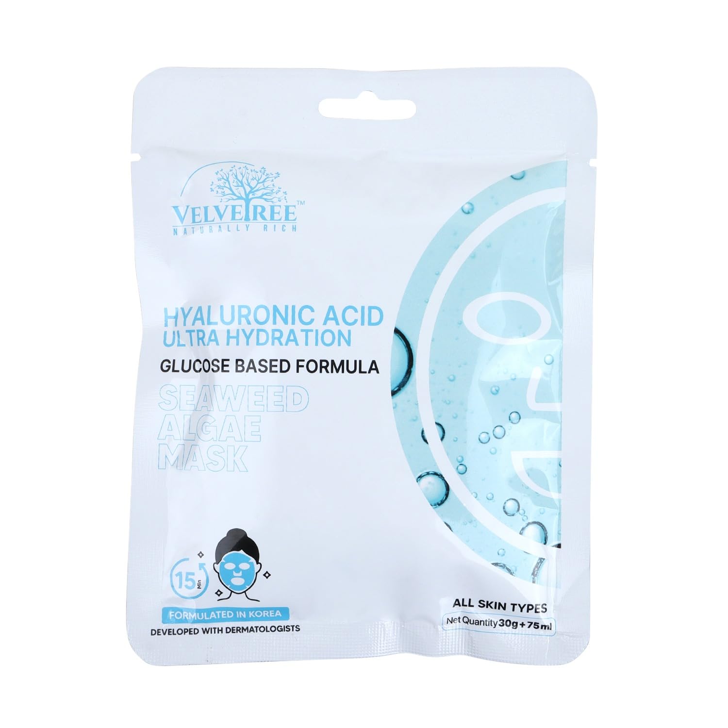 Velvetree Hydrating Seaweed Algae Face Mask with Hyaluronic Acid & Glucose Formula - 30g + 75ml for Deep Moisturizing & Skin Rejuvenation - Perfect for Dry Skin Care & Spa Night Routine