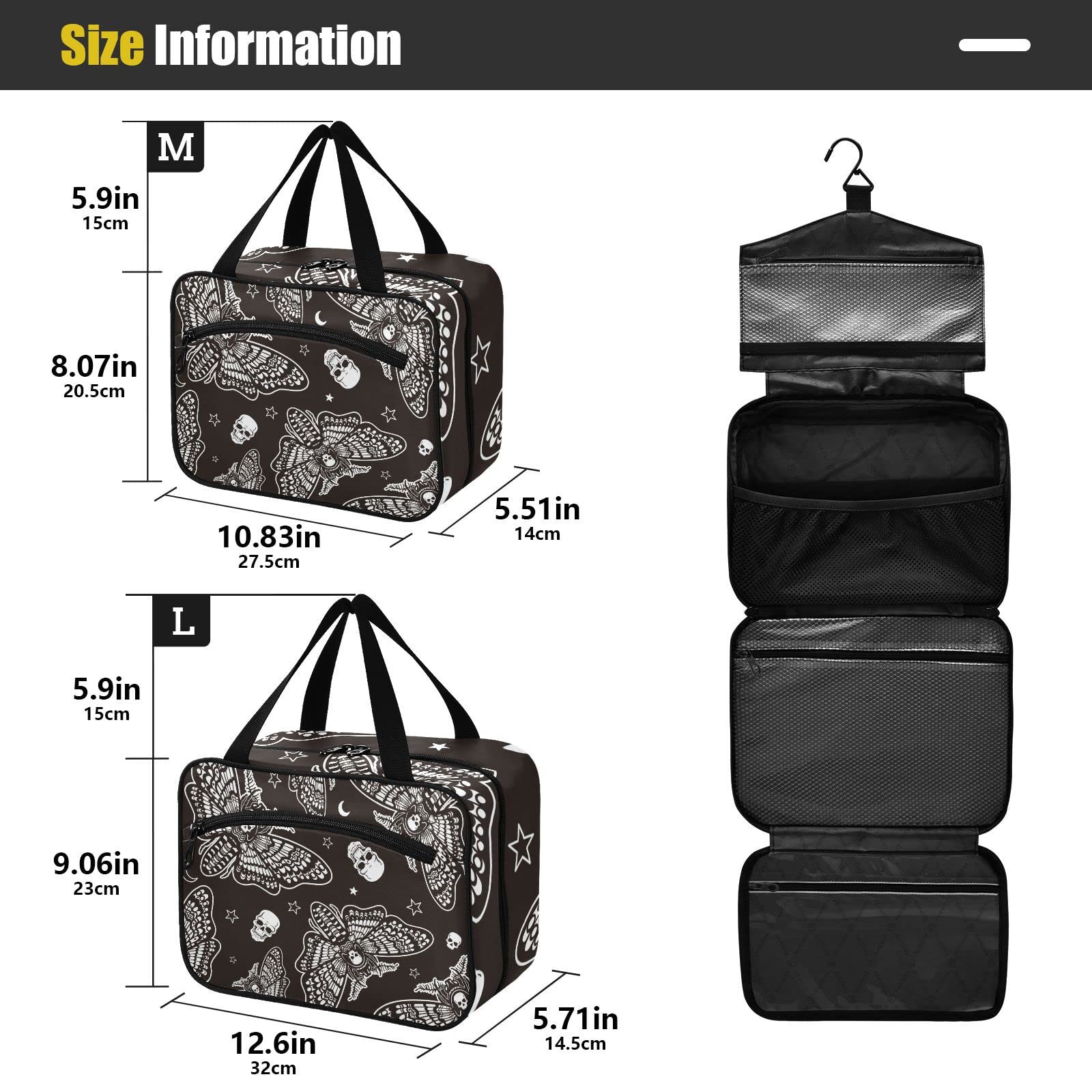 Stylish Large Travel Toiletry Bag with Hanging Hook - Gothic Moth Skull Moon Design Cosmetic Organizer for Women | Perfect for Vacation, Camping & Gym Essentials Storage