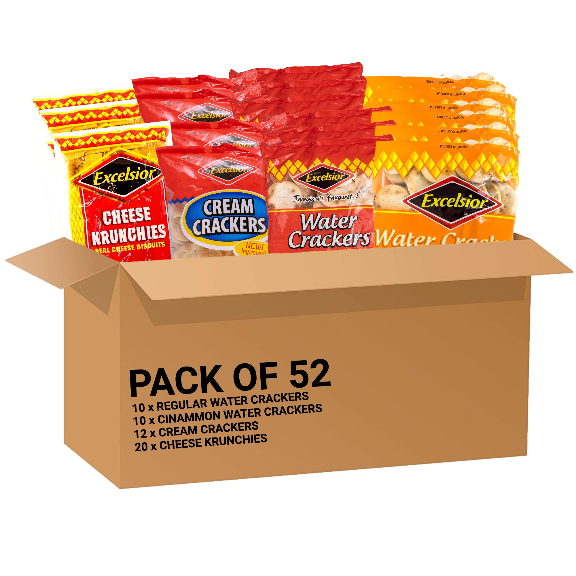 Jamaican Excelsior Crackers Variety Pack - 10 Regular Water Crackers, 10 Cinnamon Water Crackers, 20 Cheese Krunchies, 12 Cream Crackers - Perfect for Snacking, Parties & Caribbean Food Pairing