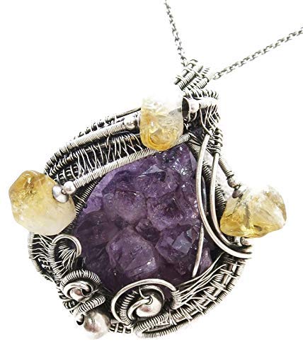 Natural Amethyst Stalactite Druzy Pendant with Citrine Accents - Sterling Silver Wire Wrapped Jewelry for Women - Perfect for Spiritual Healing, Meditation & Boho Fashion