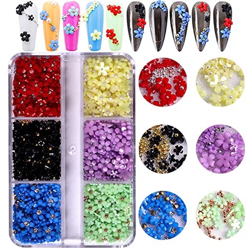 FULZTEY 3D Flower Nail Charms - 6 Colorful Floral Rhinestone Gems with Metal Beads for Acrylic Nails, DIY Nail Art Designs, Bridal Party Manicure, Salon Decorations & Women's Nail Craft Accessories