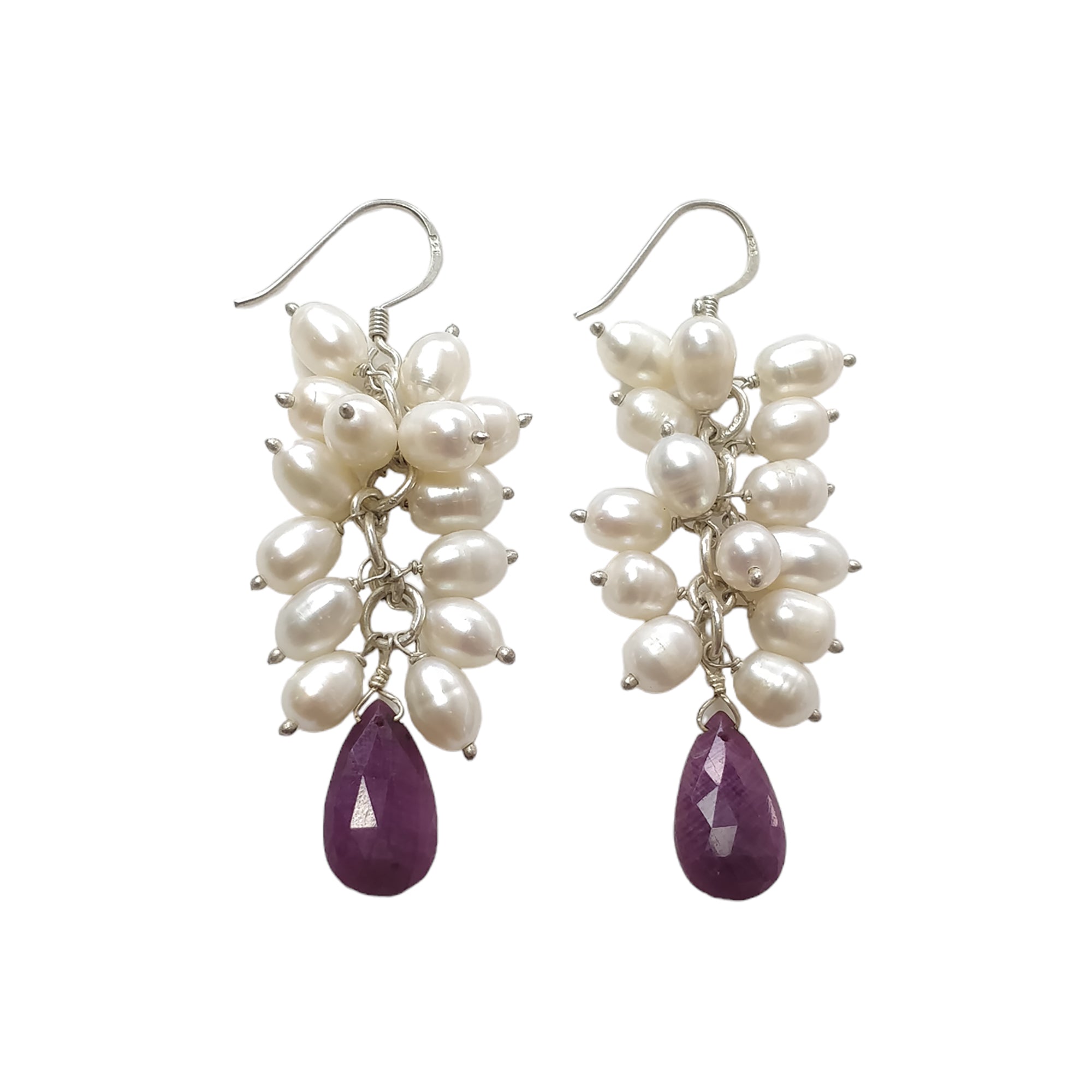 Ruby & Pearl Gemstone 925 Sterling Silver Drop Dangle Earrings - 15.79g Natural Beaded Hook Earrings for Women | Perfect for Weddings, Parties & Special Occasions