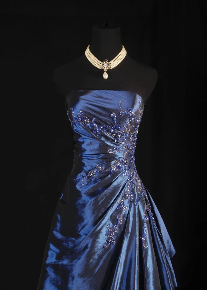 Elegant Navy Blue Strapless Ball Gown - Satin Long Prom Dress with Beaded Details (Style J6746) | Perfect for Homecoming, Formal Dances & Special Occasions