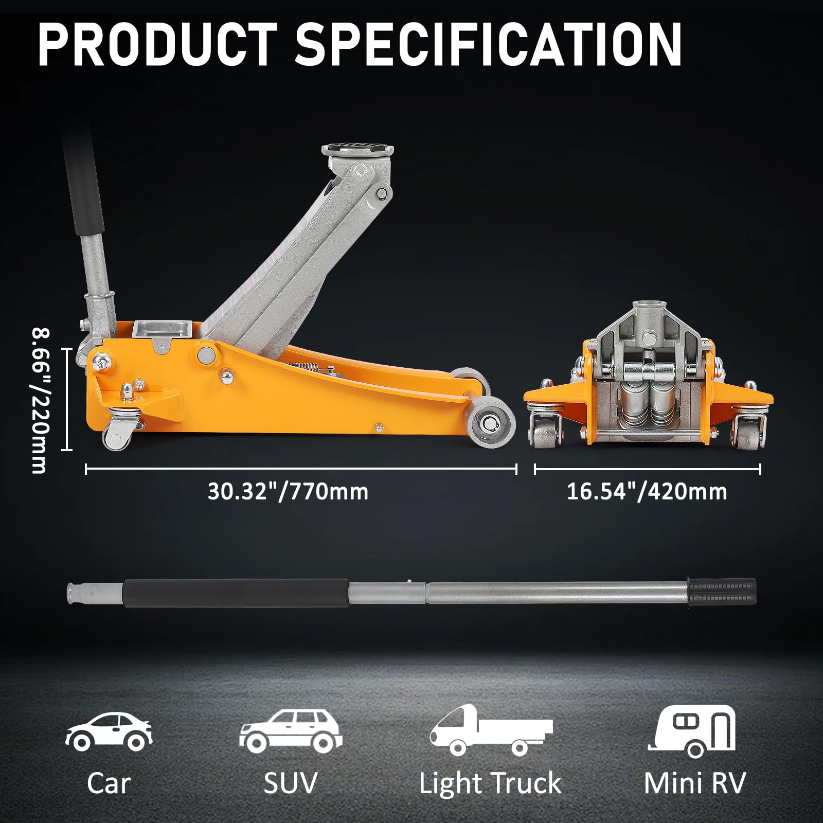 Acekool 3 Ton Low Profile Steel Hydraulic Floor Jack with Dual Pistons - Quick Lift 3.46