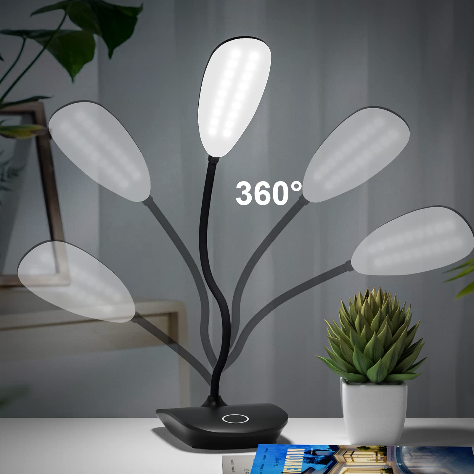 DEEPLITE Battery Operated LED Desk Lamp - 3 Stepless Dimming Modes, 5W Touch Control Eye-Caring Light with Flexible Gooseneck, Portable Reading Light for Study, Office, Dorm & Bedroom (Set of 2) - Perfect for Night Reading, Home Office Work and College Student Study Sessions