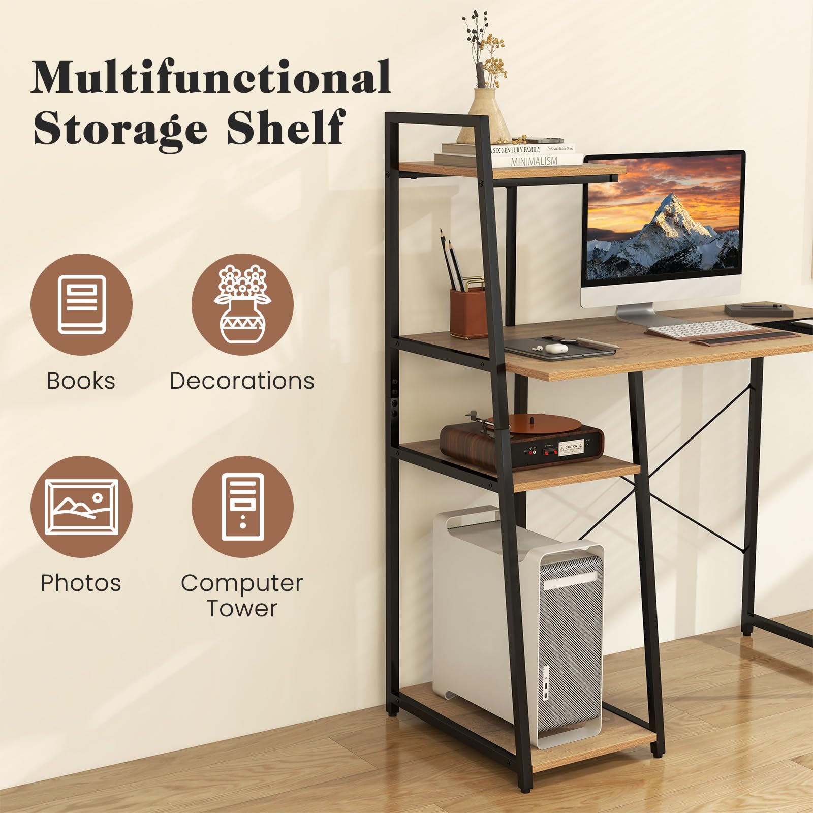 Tangkula Space Saving Computer Desk with 3-Tier Ladder Shelf - Modern Home Office Desk with Metal Frame, Compact Writing Study Table & Storage Bookshelf for Small Spaces (Natural) - Perfect for Home Office, Dorm Room, and Small Apartment Workspaces