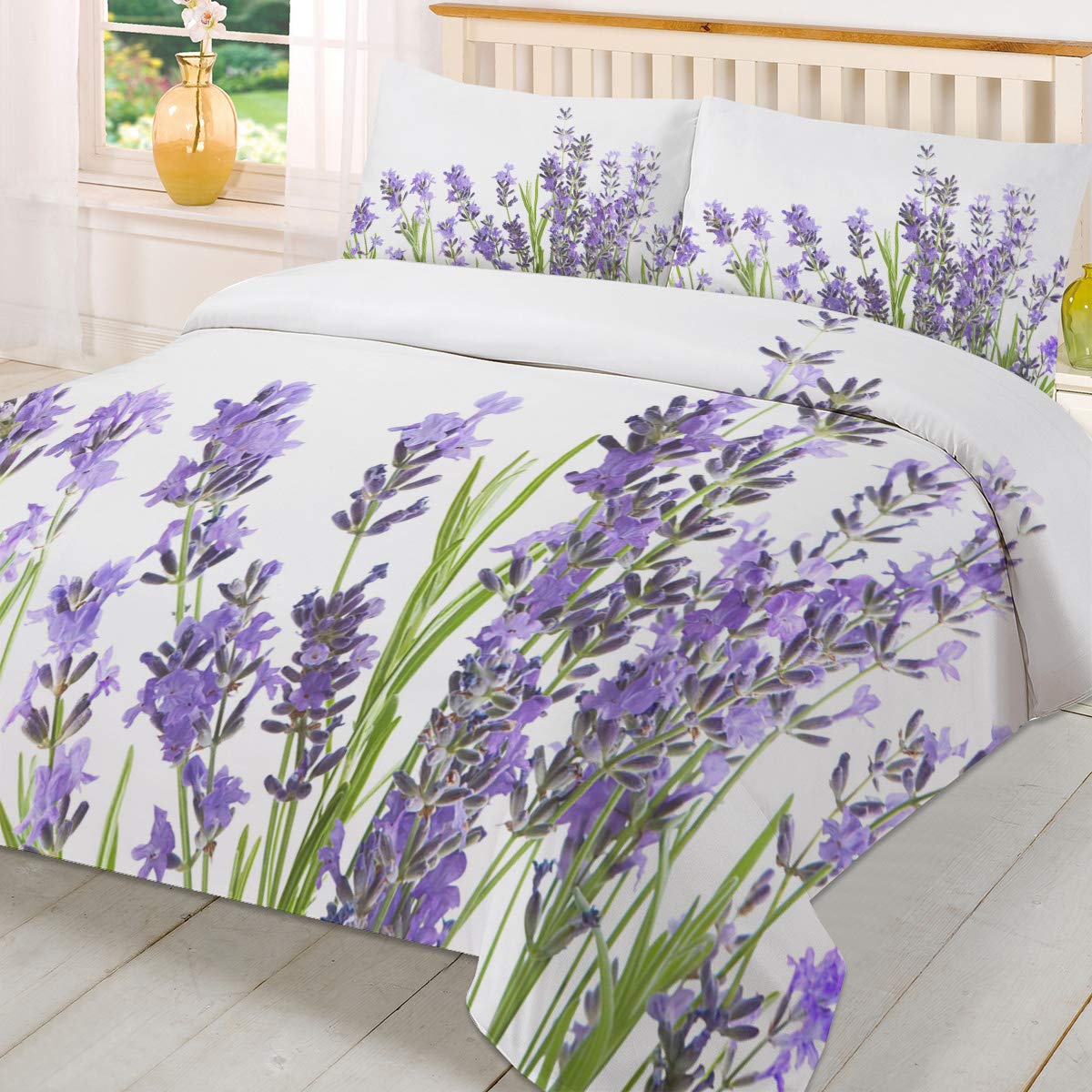Lavender Flower Queen Duvet Cover Set - Soft Burlap Texture Purple Comforter Cover with 2 Pillowcases for Teens, Kids & Adults | Cozy Bedroom Decor for Master Bedroom, Guest Room & Dorm