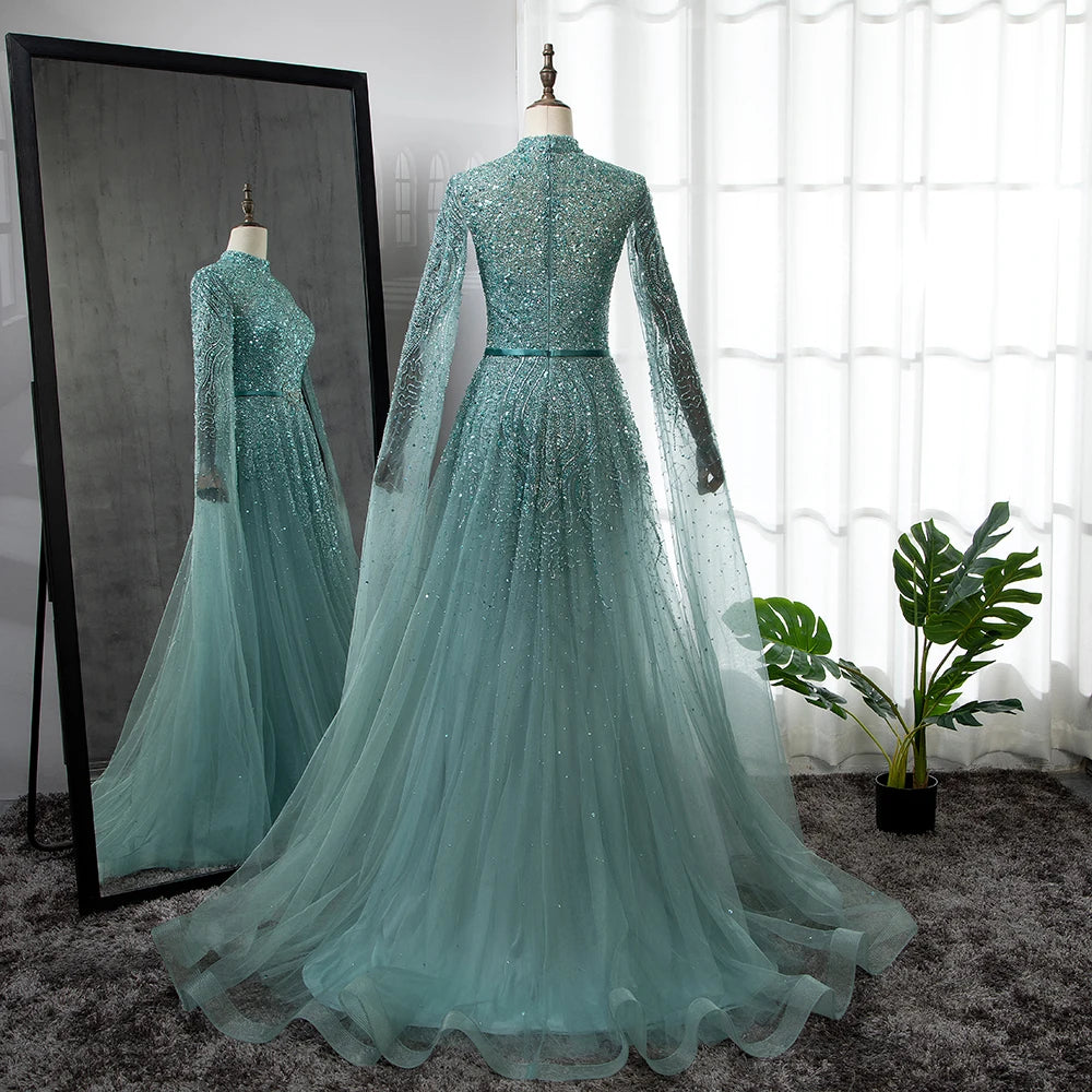 Elegant Gold A-Line Cape Sleeves High Neck Beaded Evening Gown for Women - Luxury Plus Size Formal Dress (LA70066B) | Perfect for Prom, Gala, Wedding & Black Tie Events