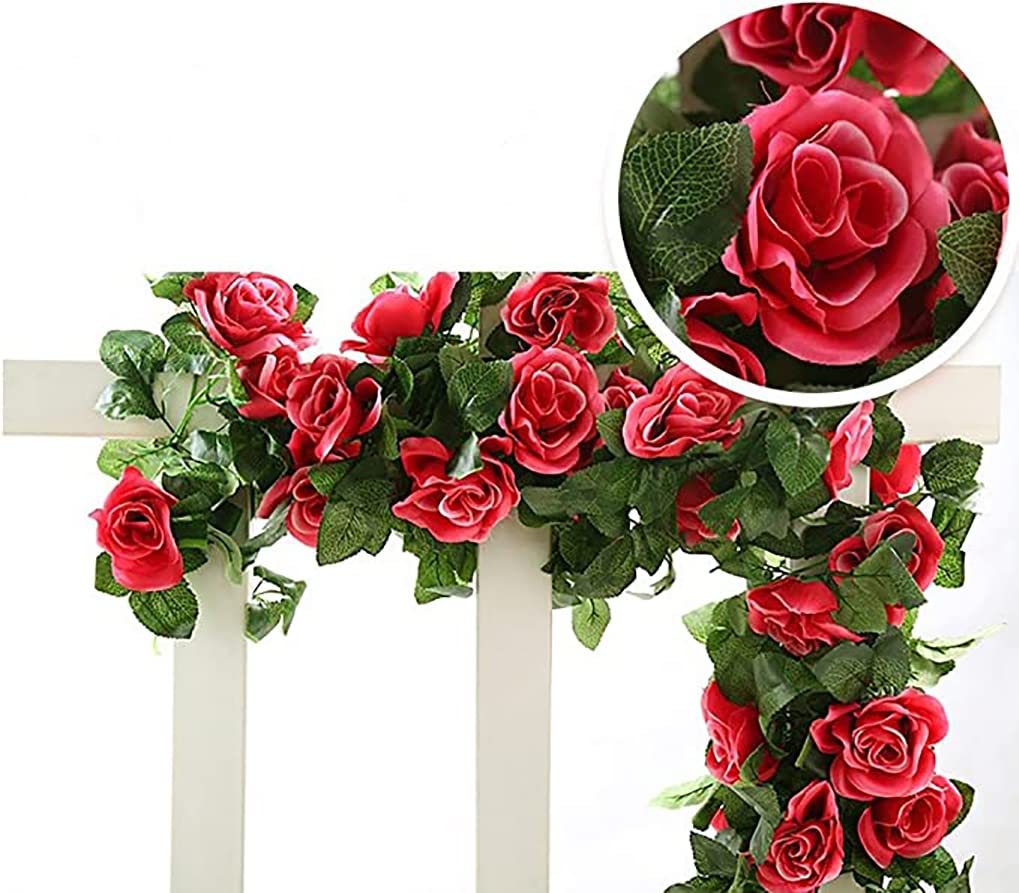Lannu 2PCS 15 FT Artificial Rose Vine Garland - Fake Flowers for Wedding, Home, Garden, Party & Hotel Decor (Red) | Perfect for Indoor/Outdoor Decoration, Wall Hanging, and Event Centerpieces