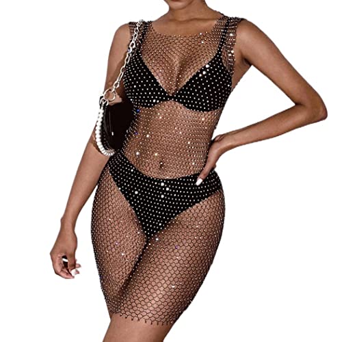 Reetan Mesh Crystal Body Chain Skirt - Elastic Rhinestone Fishnet Dress Skirt for Women | Fashion Rave Party Body Jewelry | Perfect for Music Festivals, Nightclubs, and Costume Parties (Black)