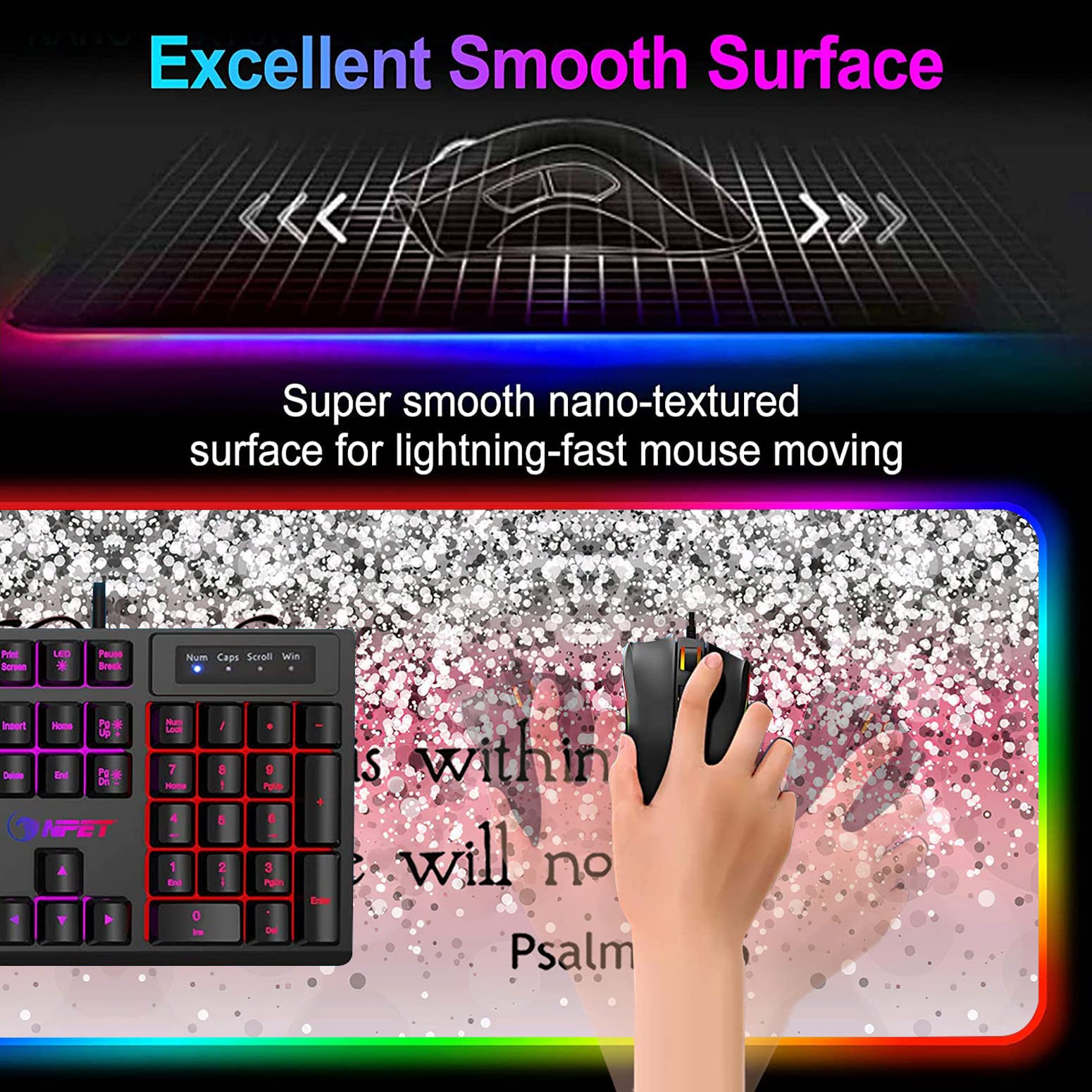 RGB LED Gaming Mouse Pad - Large Non-Slip Desk Mat with Optical Waterproof Surface for PC & Keyboard | Perfect for Esports, Office Work & Streaming | Motivational Bible Verse Design (Psalm 46:5)