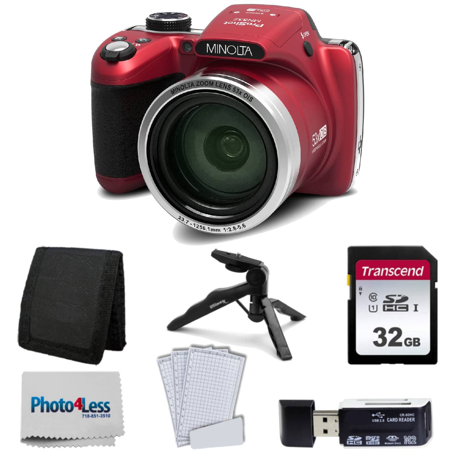 Minolta MN53 Digital Camera (Red) - 32GB SD Card, Tripod & Accessories Kit Included - Compact Travel Camera for Vlogging, YouTube Videos, Family Events & Outdoor Photography - Ideal for Vacations, Parties, Content Creation & Social Media