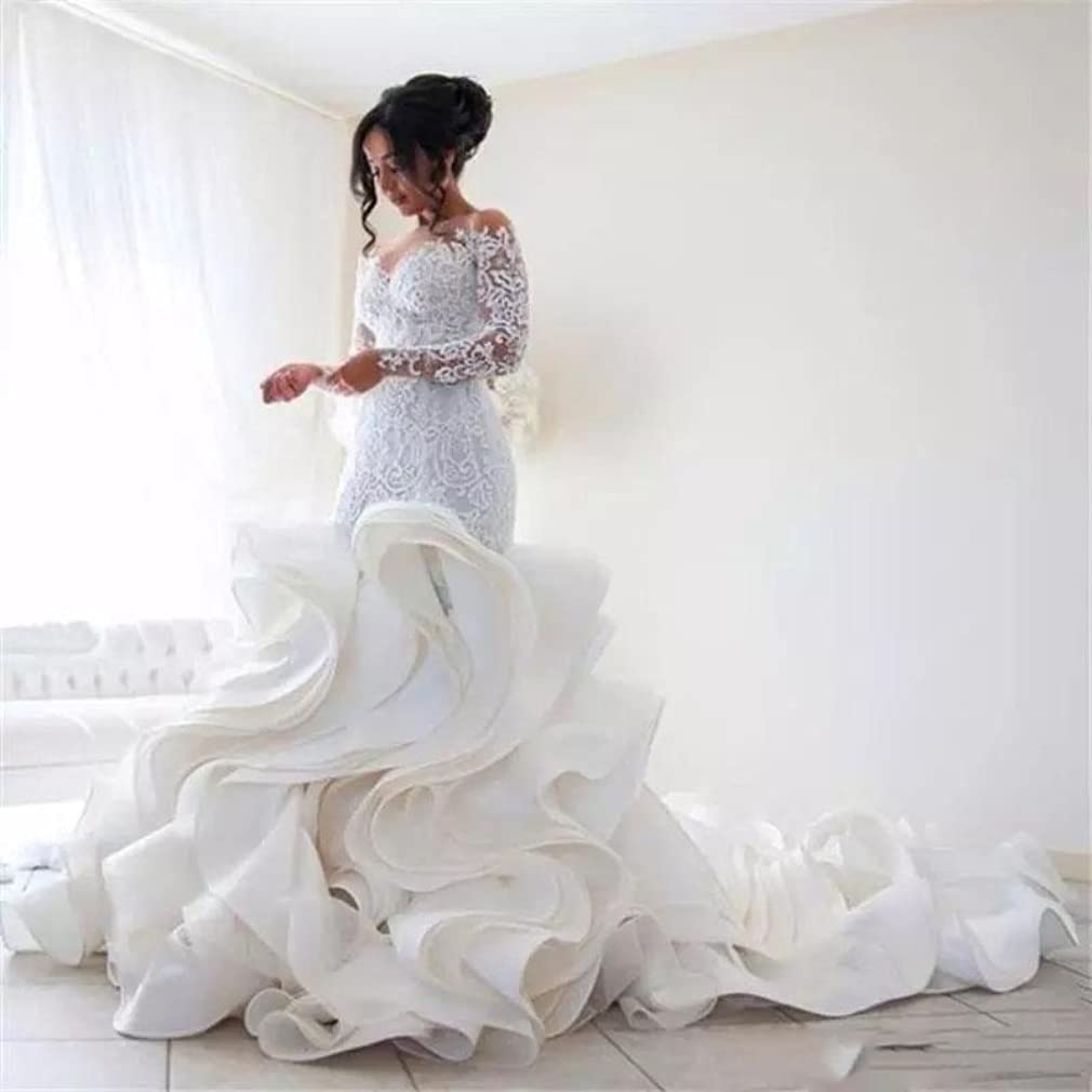 Plus Size Beach Wedding Dresses - Elegant Lace Bridal Ball Gowns with Ruffles & Long Train Mermaid Style for Curvy Brides | Long Sleeve Formal Gowns for Beach Weddings, Destination Ceremonies & Romantic Photos