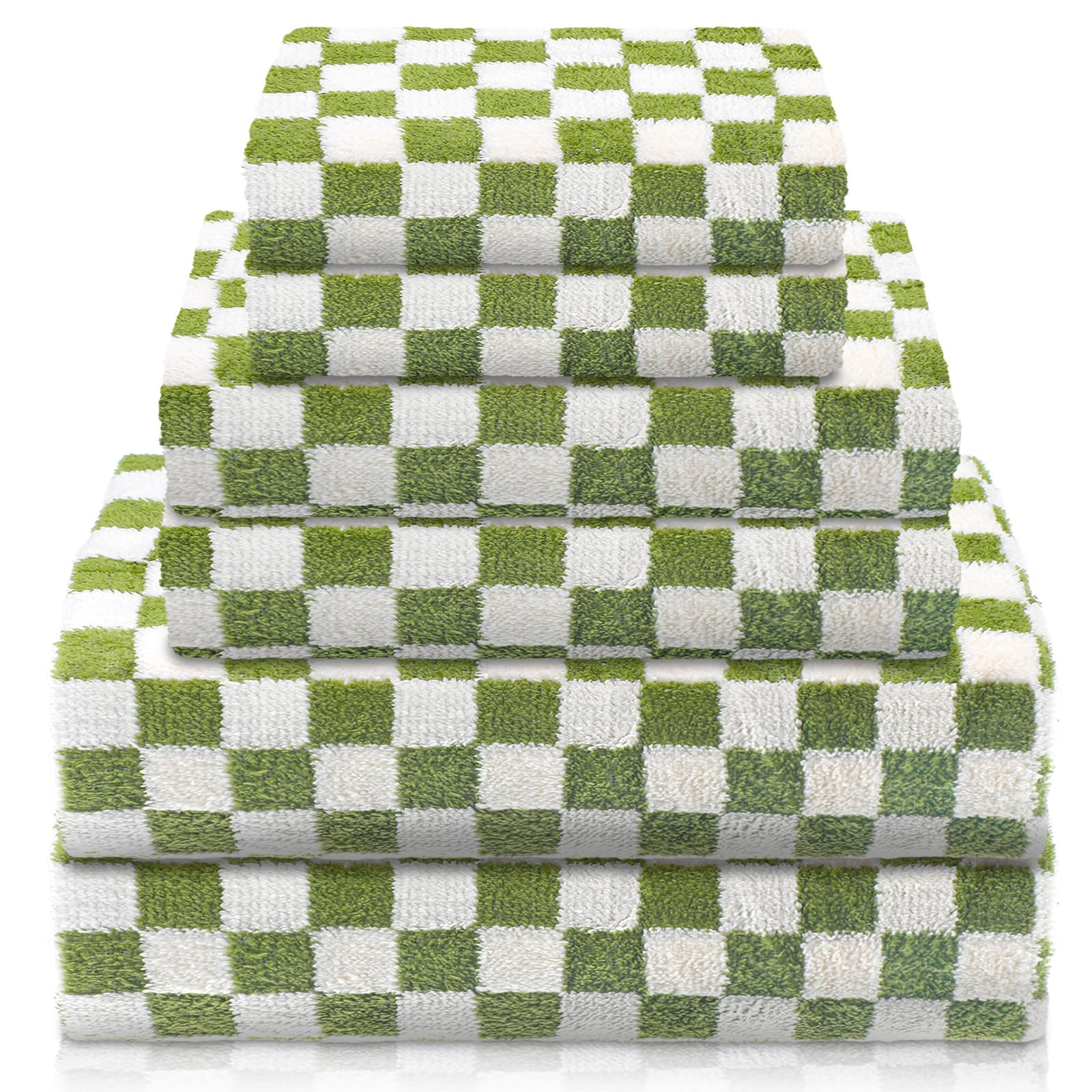 **Kinlop 6-Piece Bath Towel Set - Lightweight, Quick-Dry, Soft Fleece Towels for Home, Gym, Spa & Beach - Green Checkered Design - Perfect for Bathing, Swimming & Travel**
