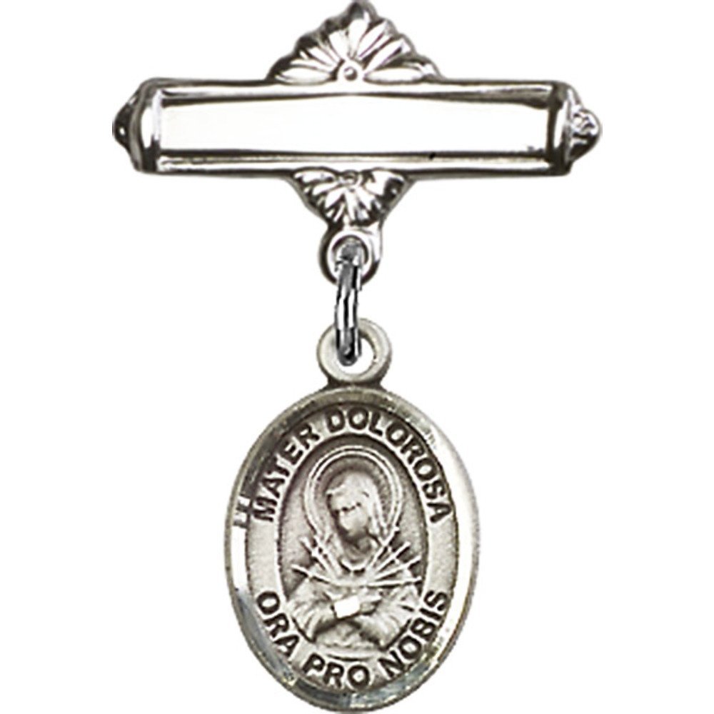 1 X 5/8 Inch Sterling Silver Baby Badge with Mater Dolorosa Charm - Polished Pin for Christening, Baptism & First Communion Gifts - Elegant Religious Jewelry for Infants