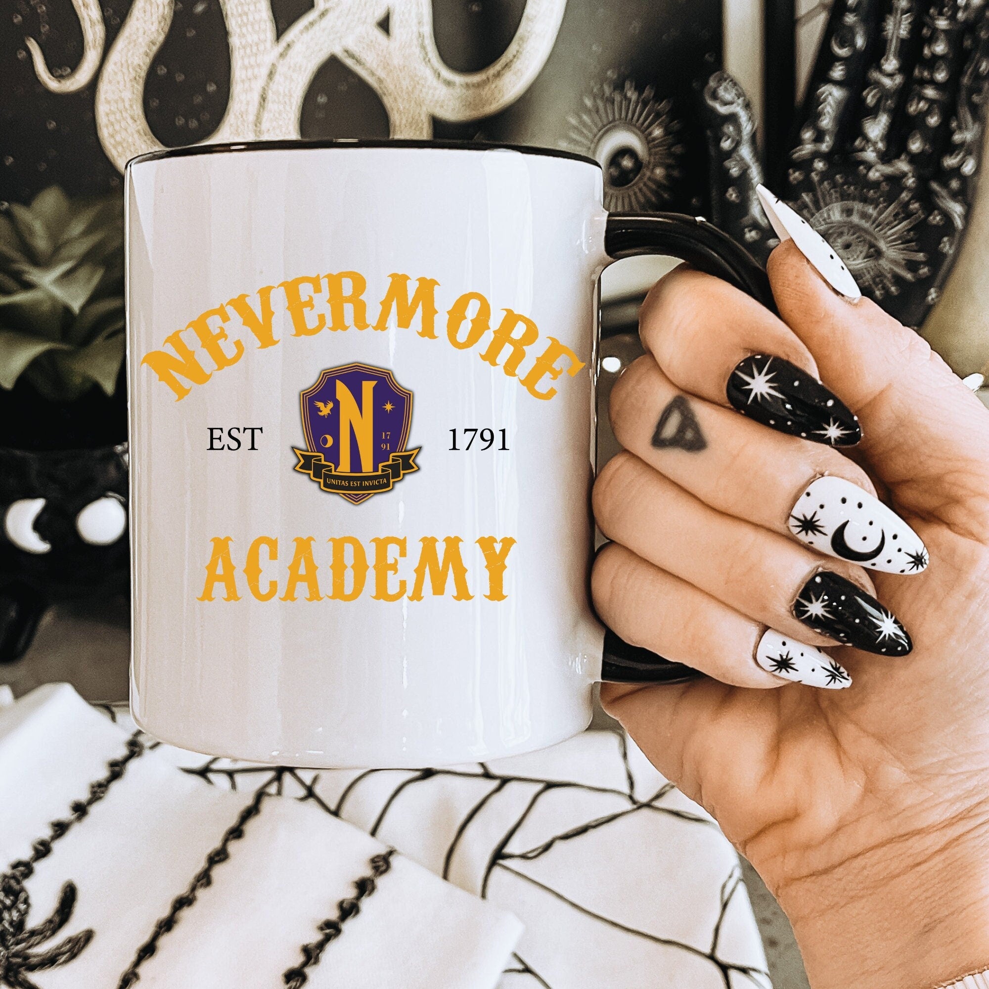 Nevermore Academy Coffee Mug - Wednesday Addams Inspired Ceramic Cup - Gothic Horror TV Show Merch - Perfect for Coffee, Tea & Hot Drinks at Home or Office