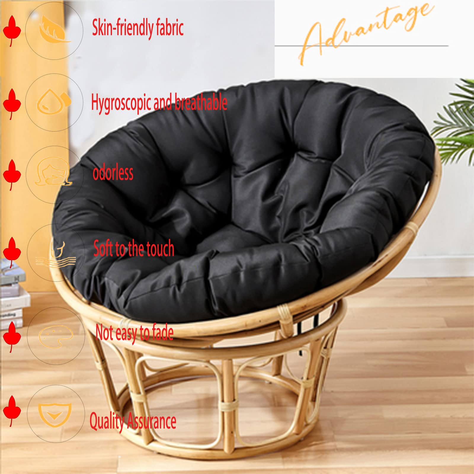 Premium Solid Papasan Patio Chair Cushion - Thick Overstuffed Outdoor Egg Seat Cushion for Hammock Swings - 67 Inch (170cm) Black - Perfect for Indoor & Outdoor Relaxation in Gardens, Porches and Backyards