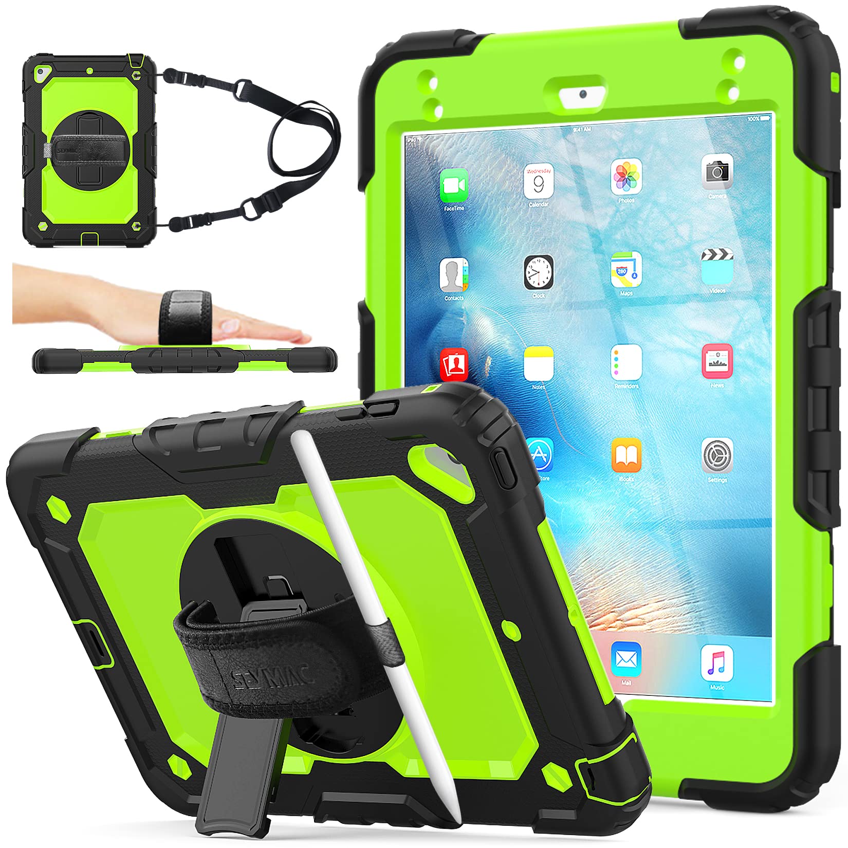 SEYMAC 360 Rotating Stand Case with Pencil Holder & Screen Protector for iPad Mini 5/4 (7.9 Inch) - Shockproof Protective Cover for iPad Mini 5th/4th Generation (Green+Black) | Perfect for Work, Study & Travel