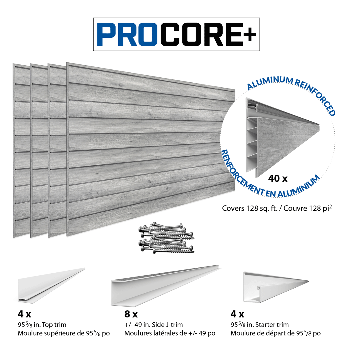 4 ft. x 8 ft. PROCORE+ Gray Wood PVC Slatwall Panel - 4 Pack (128 sq ft) for Retail Store Displays & Wall Organization